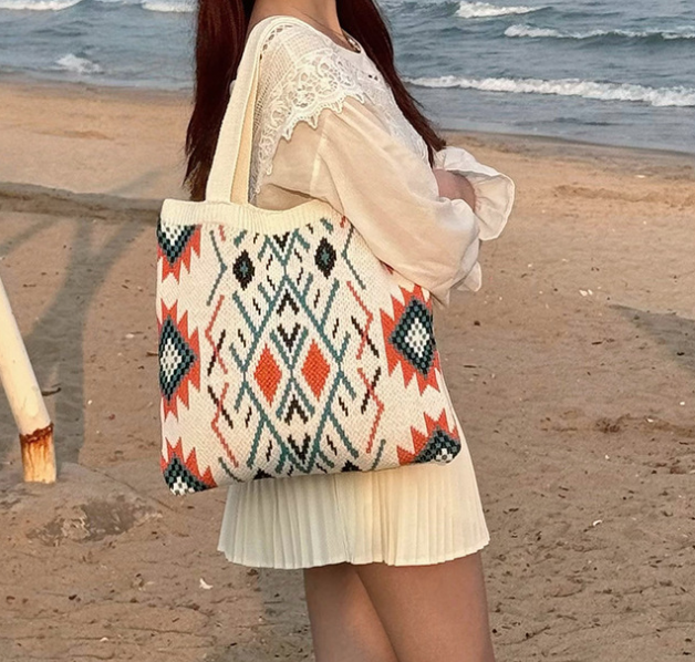 Beige Bohemian Tribal Print Knit Tote Bag | Large Capacity Woven Style Handbag | Fashion Ethnic Shoulder Carryall - Image 2