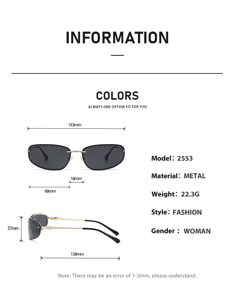 Gold-rimmed Black-and-grey Lenses 2PCS Retro Y2K Rimless Oval Sunglasses for Women | Fashion Metal Frame Old Money Aesthetic | Sweet Cool Spice Girl Sunnies - Image 2