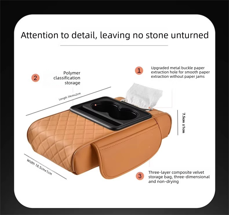 Coffee color Car Central Armrest Box Raiser Pad with Cup Holder, Tissue Box & Phone Storage – 4-in-1 Multi-Functional Design - Image 6