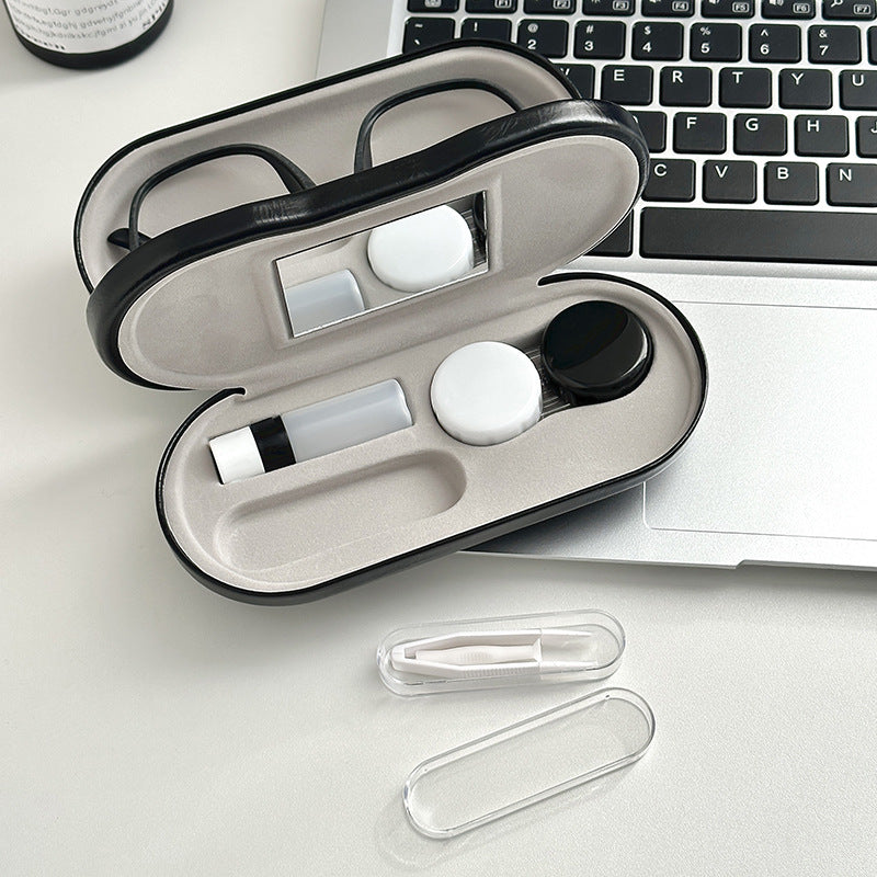 Black Leather Dual-Layer Eyewear Case with Mirror & Lens Care Kit - Rigid Travel Organizer for Glasses and Contact Lenses - Image 4