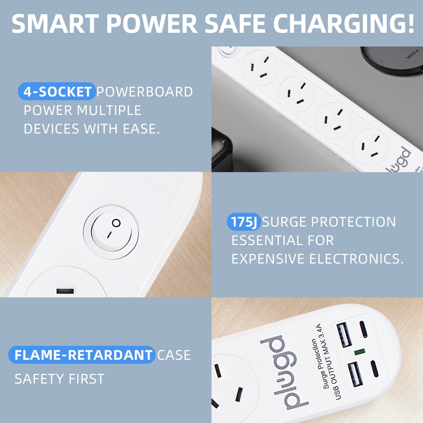 Plugd 2 USB A + 2 USB C 240V 10A Powerboard with Surge Protection - Image 5
