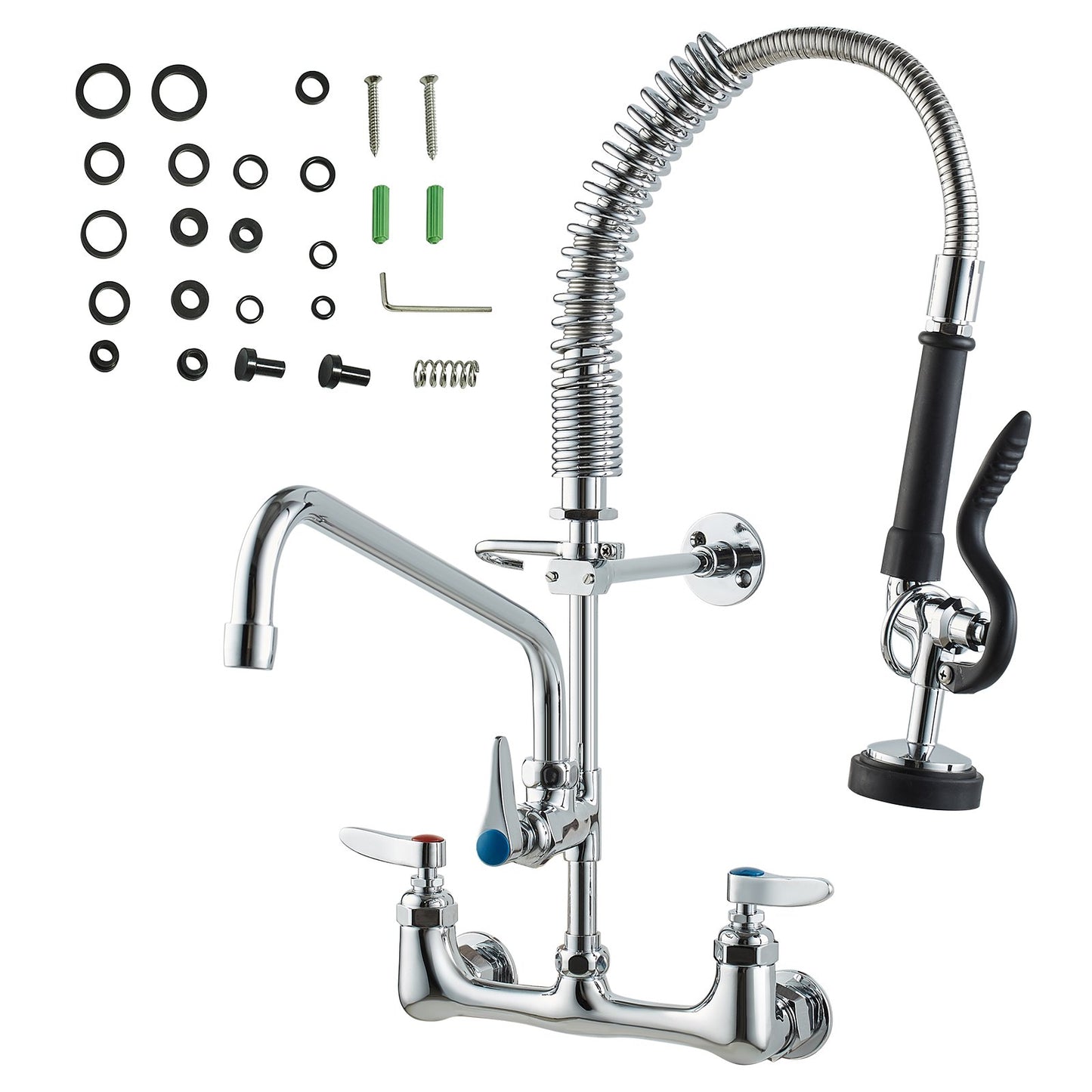 Commercial Faucet with Pre-Rinse Sprayer, 21" Height, 8" Center, 12" Swing Spout, Wall Mount Kitchen Sink Faucet, Brass Constructed Device with Pull Down Spray, for 1/2/3 Compartment Sink - Image 9