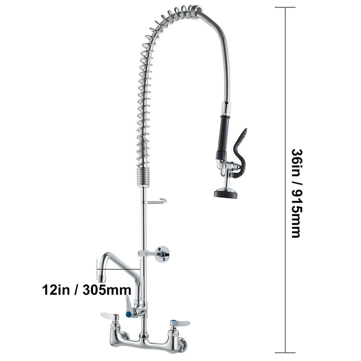 Commercial Faucet with Pre-Rinse Sprayer, 36" Height, 8" Center, 12" Swing Spout, Wall Mount Kitchen Sink Faucet, Brass Constructed Device with Pull Down Spray, for 1/2/3 Compartment Sink - Image 8