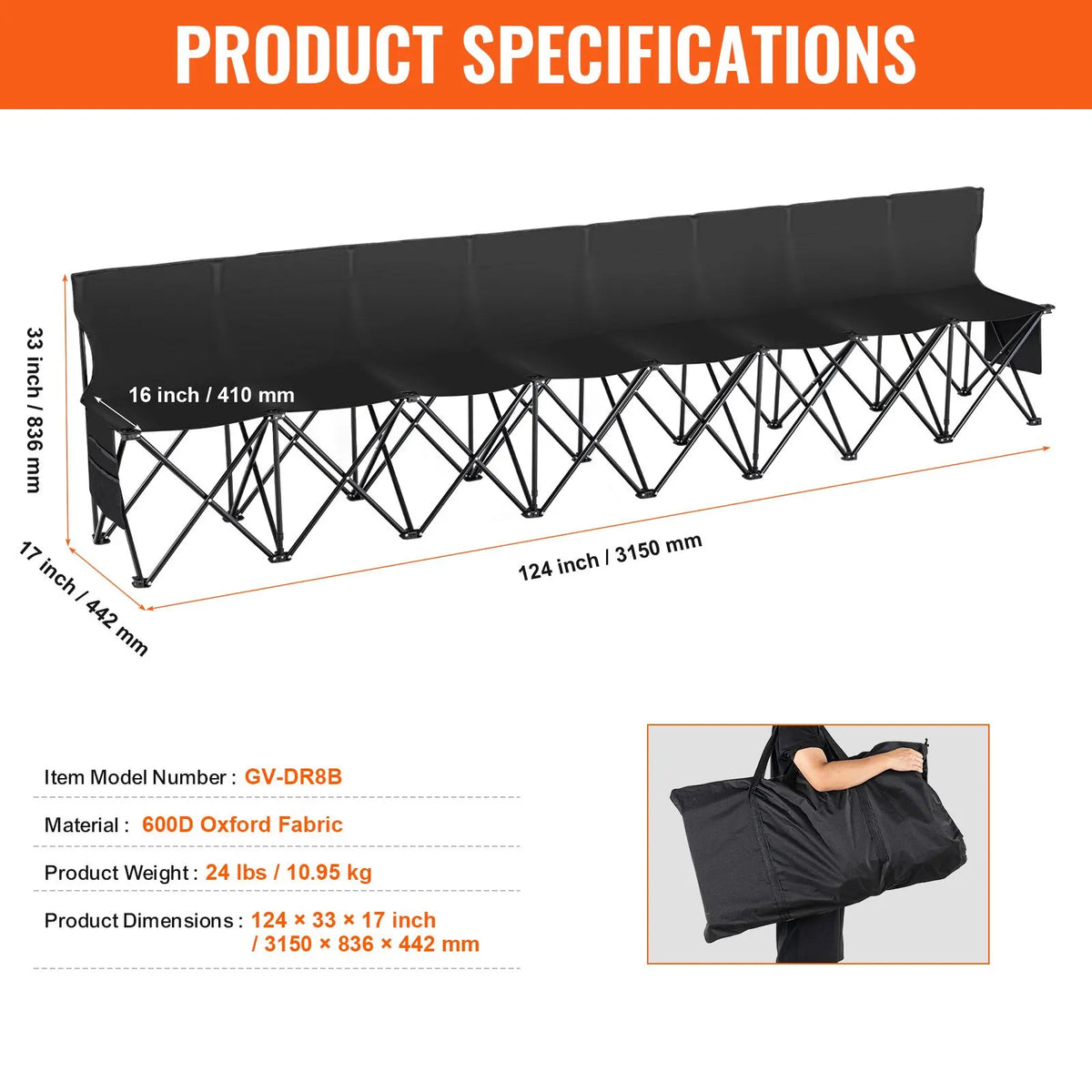 8 Seat Portable Folding Sport Bench Outdoor Camping Chair with Carry Bag - Image 7