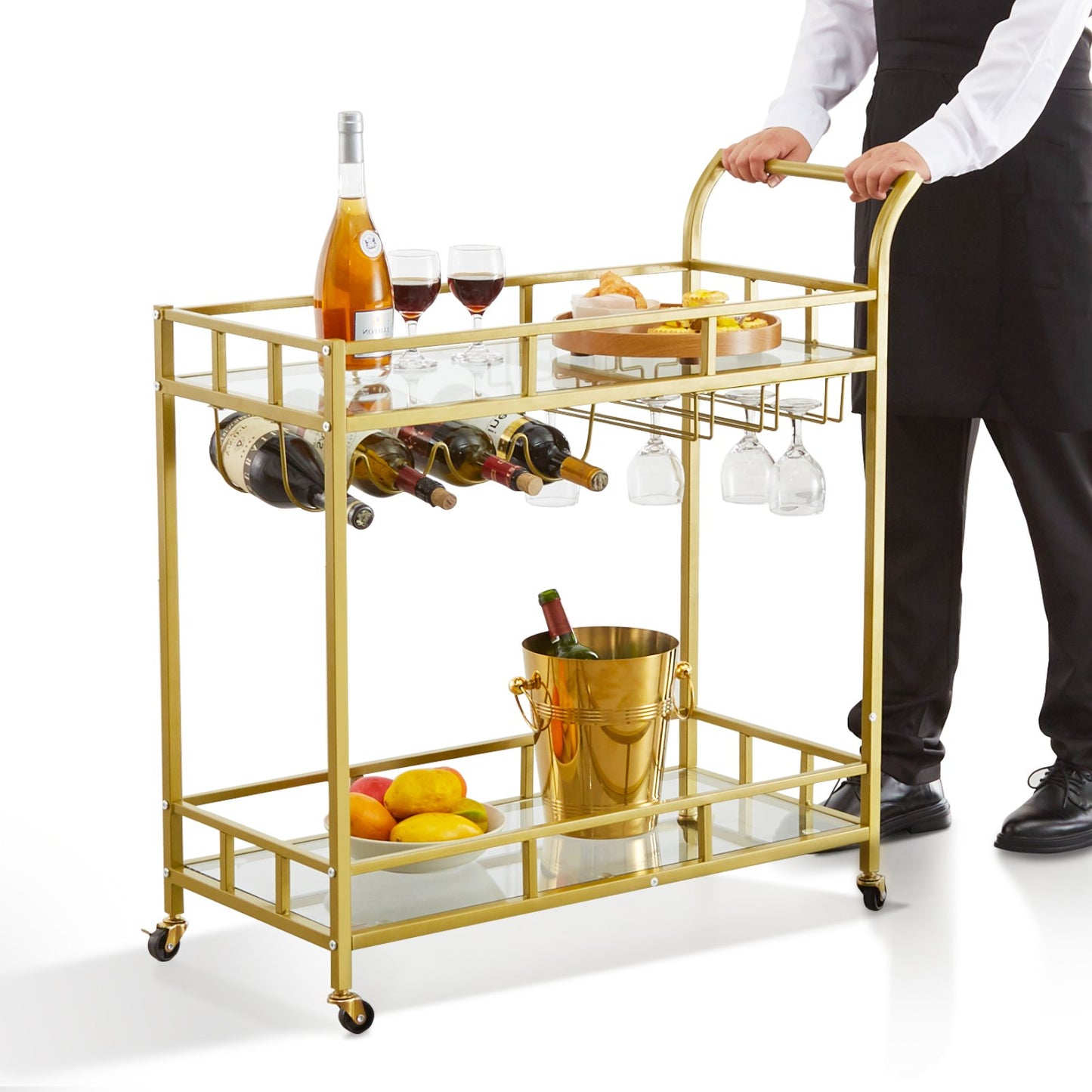 2 Tiers Gold Metal Bar Serving Cart with Wine Rack Glass Holder 120 LBS - Image 9