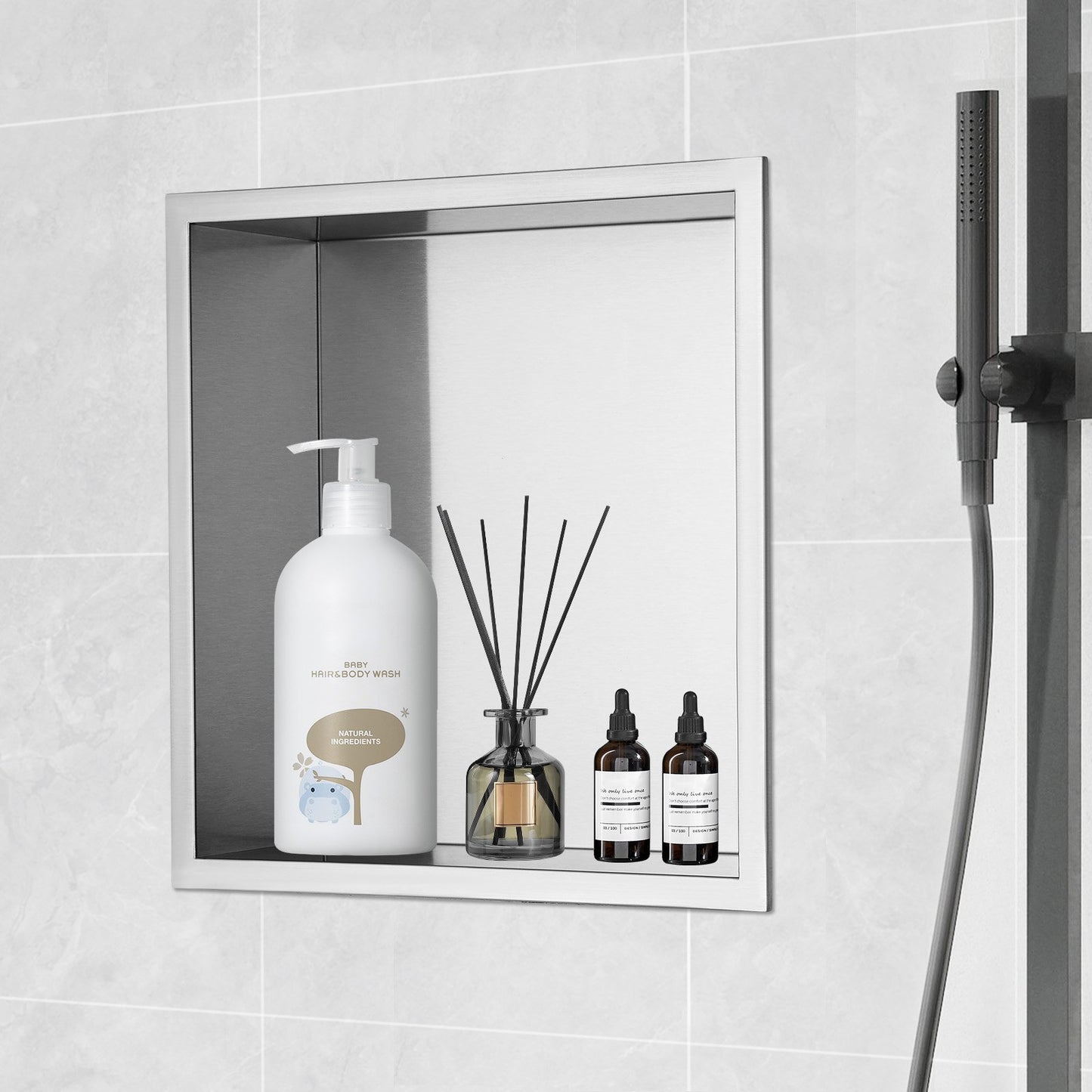 33.02 x 33.02 cm No Tile Shower Niche 304 Stainless Steel, Wall-Inserted Niche Recessed Double Shelves, Sealed Waterproof Rust-Resistant Modern Niche for Shower Bathroom Soap Storage, Silver - Image 8