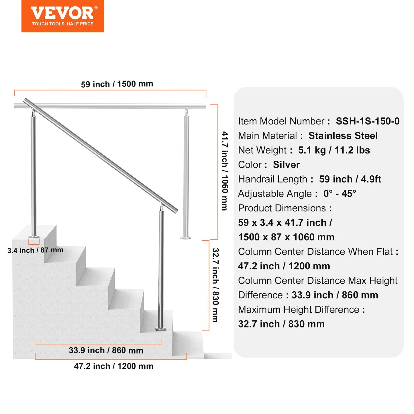 Handrails for Outdoor Steps, 59 in/ 150cm Length Stair Hand Rail Kit, Transitional Stainless Steel Railings with Installation Kit, Double-column Staircase Handrails for Seniors,Porch & Deck - Image 7