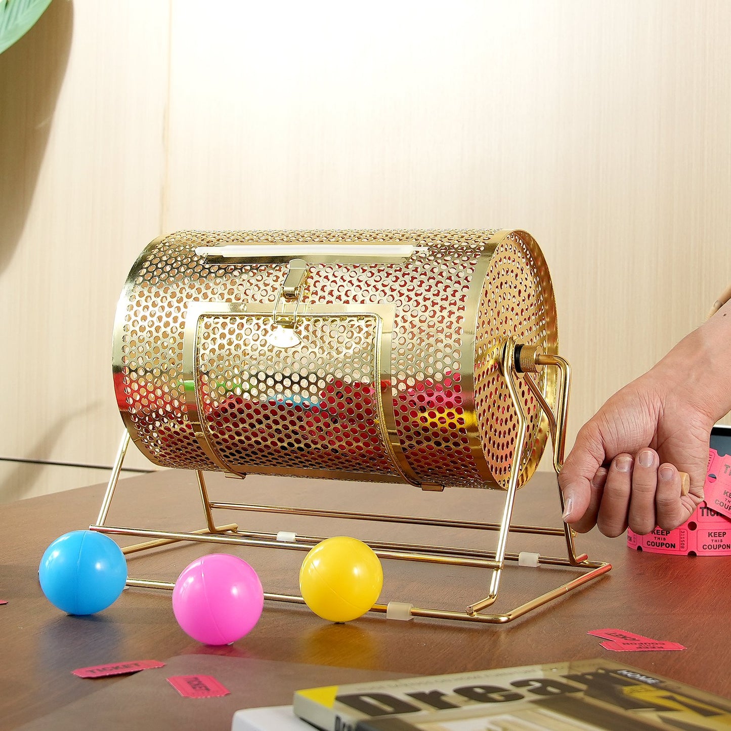 Raffle Drum, 11.6 x Ø7.48 inch Brass Plated Raffle Ticket Spinning Cage, Holds 2500 Tickets or 100 Ping Pong Balls, Metal Lottery Spinning Drawing with Wooden Turning Handle, for Bingo Ballot Pa - Image 8
