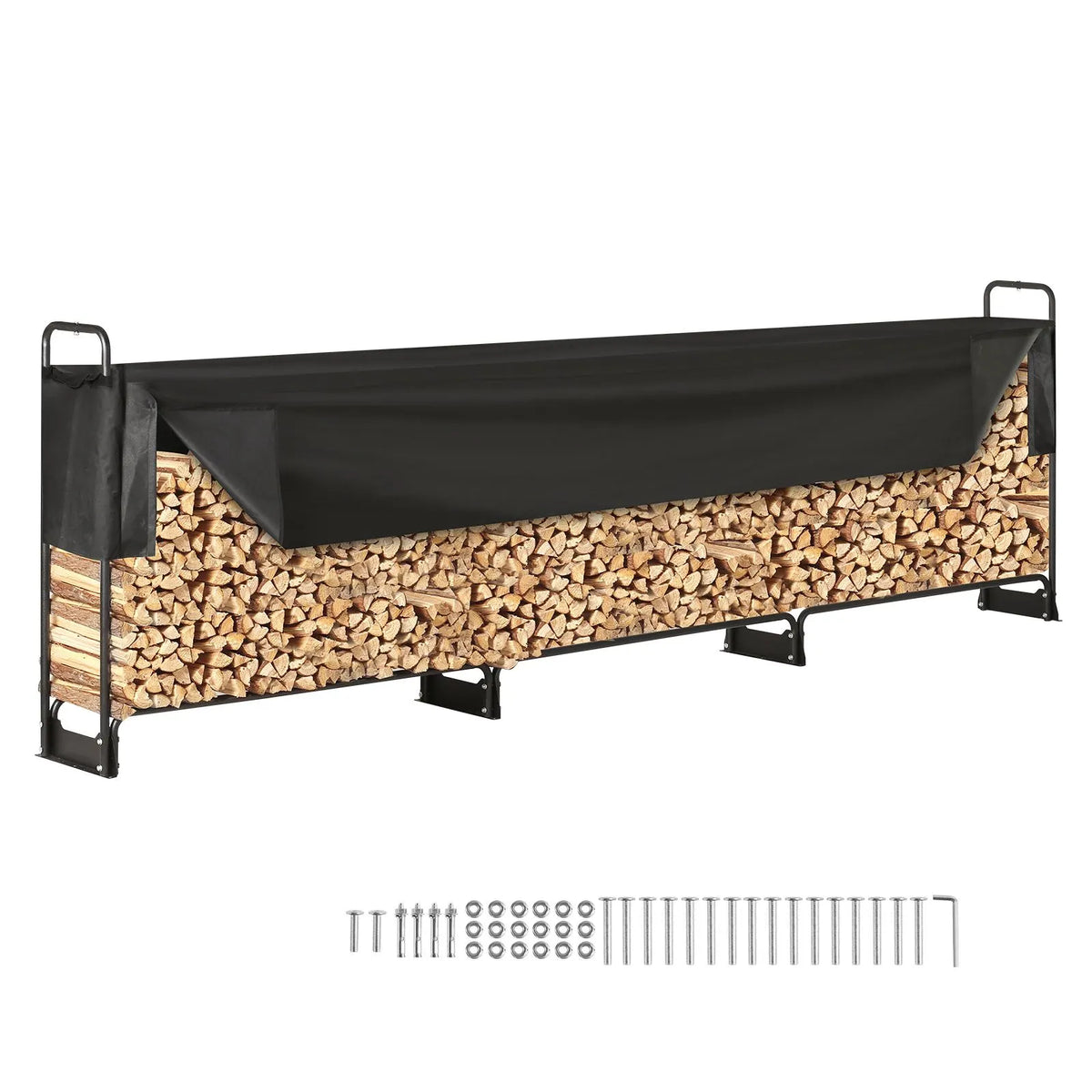 Firewood Rack with Waterproof Cover, 383 x 36 x 117 cm Outdoor Firewood Holder, 660lb Weight Capacity, 1/2 Cord Log Holder, Half-Covered, Powder-coated Wood Storage Rack for Fireplace Deck - Image 9