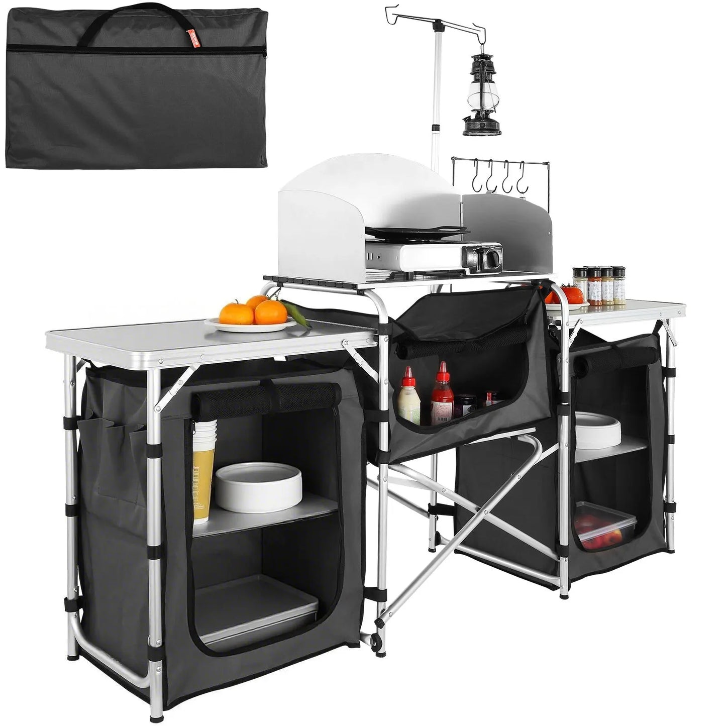 Camping Kitchen Table, Folding Outdoor Cooking Table with Storage Carrying Bag, Aluminum Cook Station 3 Cupboard & Detachable Windscreen, Quick Set-up for Picnics, BBQ, RV Traveling, Black - Image 9