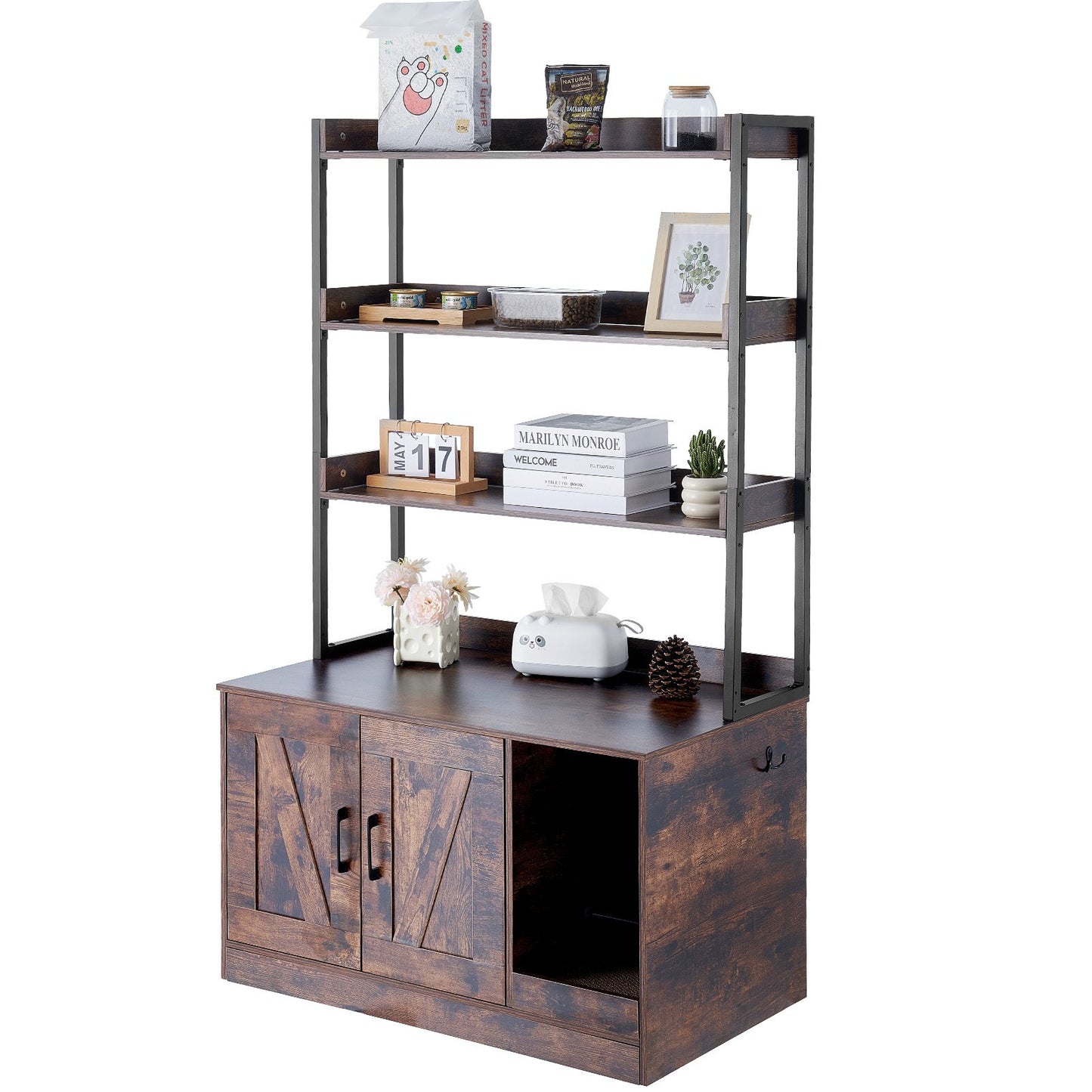 Cat Litter Box Enclosure Wooden Litter Box Furniture Hidden with 3 Shelves - Image 9