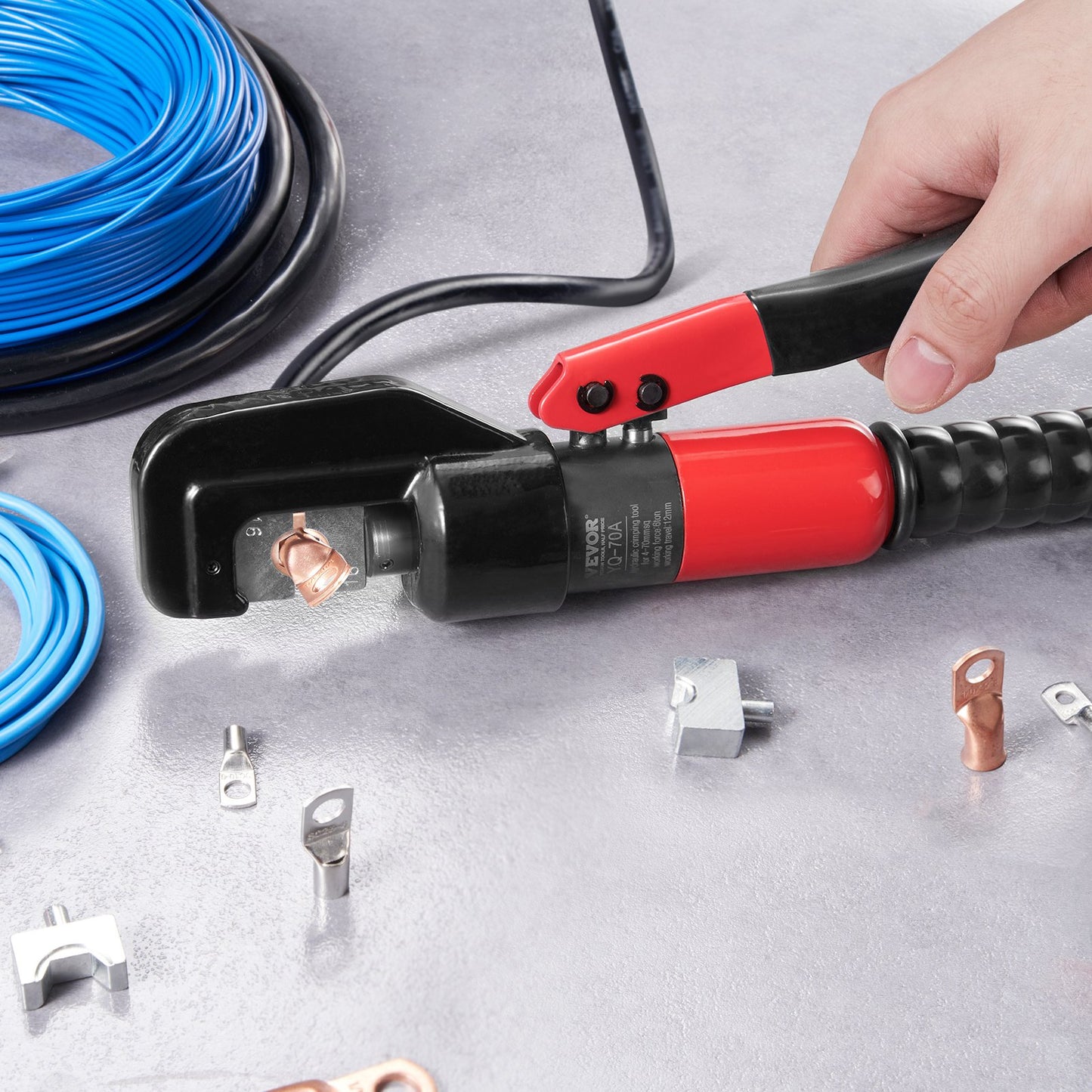 Hydraulic Crimping Tool with 9 Sets of Dies AWG12-2/0 Copper And Aluminum Terminal Battery Lug Crimper, with a Cutting Pliers, Gloves, 5pcs Copper Ring Connectors, 8pcs Heat Shrink Sleeves - Image 8