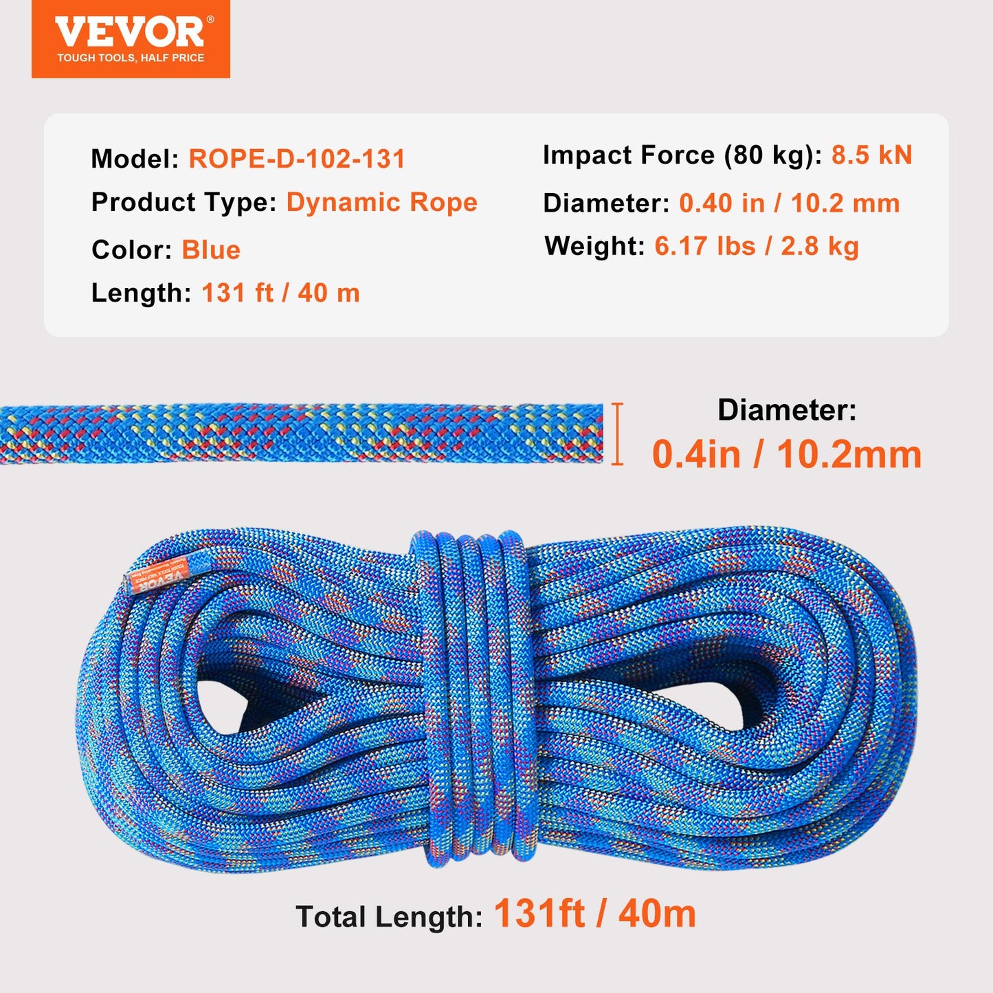10.2mm Dynamic Climbing Rope, 40M(131ft) Outdoor Rock Climbing Rope 25KN Breaking Tension, Stretchable Fiber Rope with Steel Snap Hooks for Escape, Rappelling, Fire Rescue, Blue - Image 7