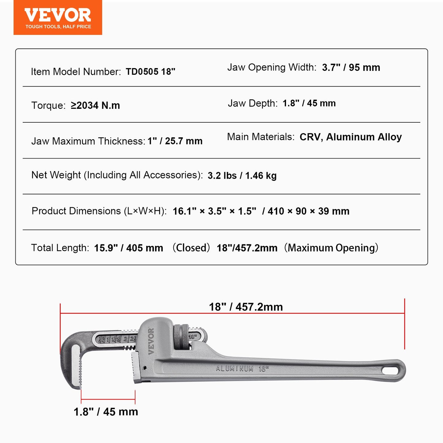 Pipe Wrench, 18" Aluminum Straight Pipe Wrench, Adjustable Plumbing Wrench, with High Strength Jaw and Ergonomic Handle, Easy to Carry, Hangable Design, for Water Pipes, Automotive Repairs - Image 7