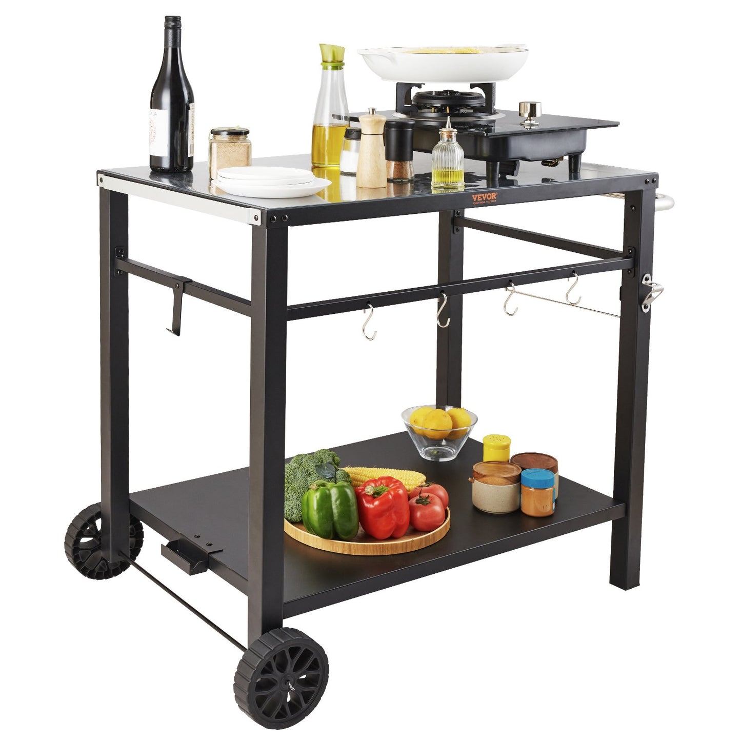 Outdoor Grill Dining Cart with Double-Shelf, 85*55cm BBQ Movable Food Prep Table, Multifunctional Iron Table Top, Portable Modular Carts for Pizza Oven, Worktable with 2 Wheels, Carry Handle, Black - Image 9