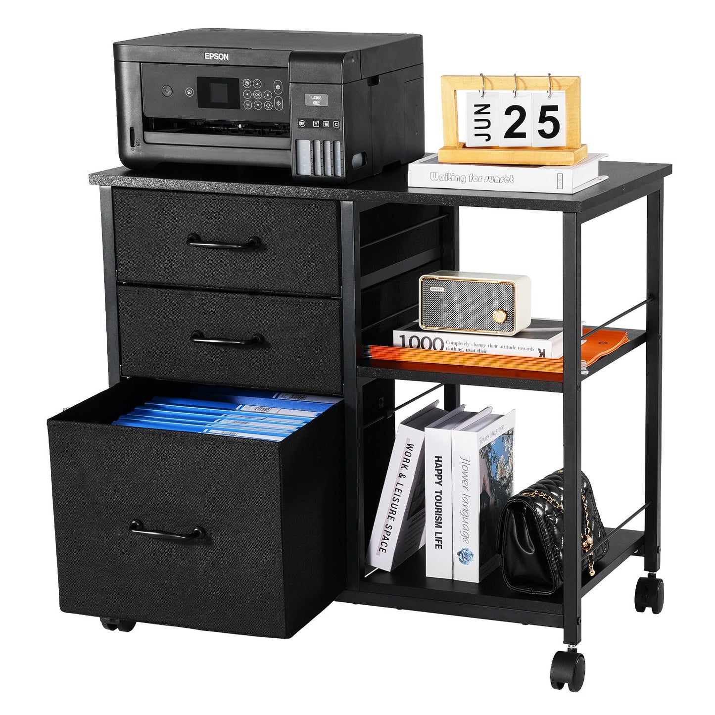 Mobile Metal File Cabinet with 3 Fabric Drawers and 2 Open Shelves Black - Image 9
