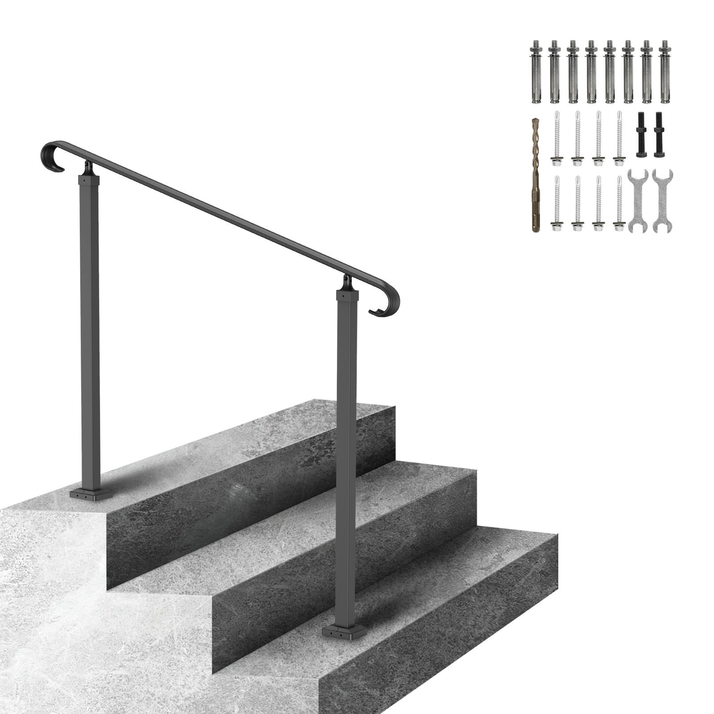 Handrails for Outdoor Steps, Fit 1-3 Steps Wrought Iron Handrail, Outdoor Stair Railing, Adjustable Front Porch Hand Rail, Black Transitional Hand railings for Concrete Steps or Wooden Stairs - Image 9