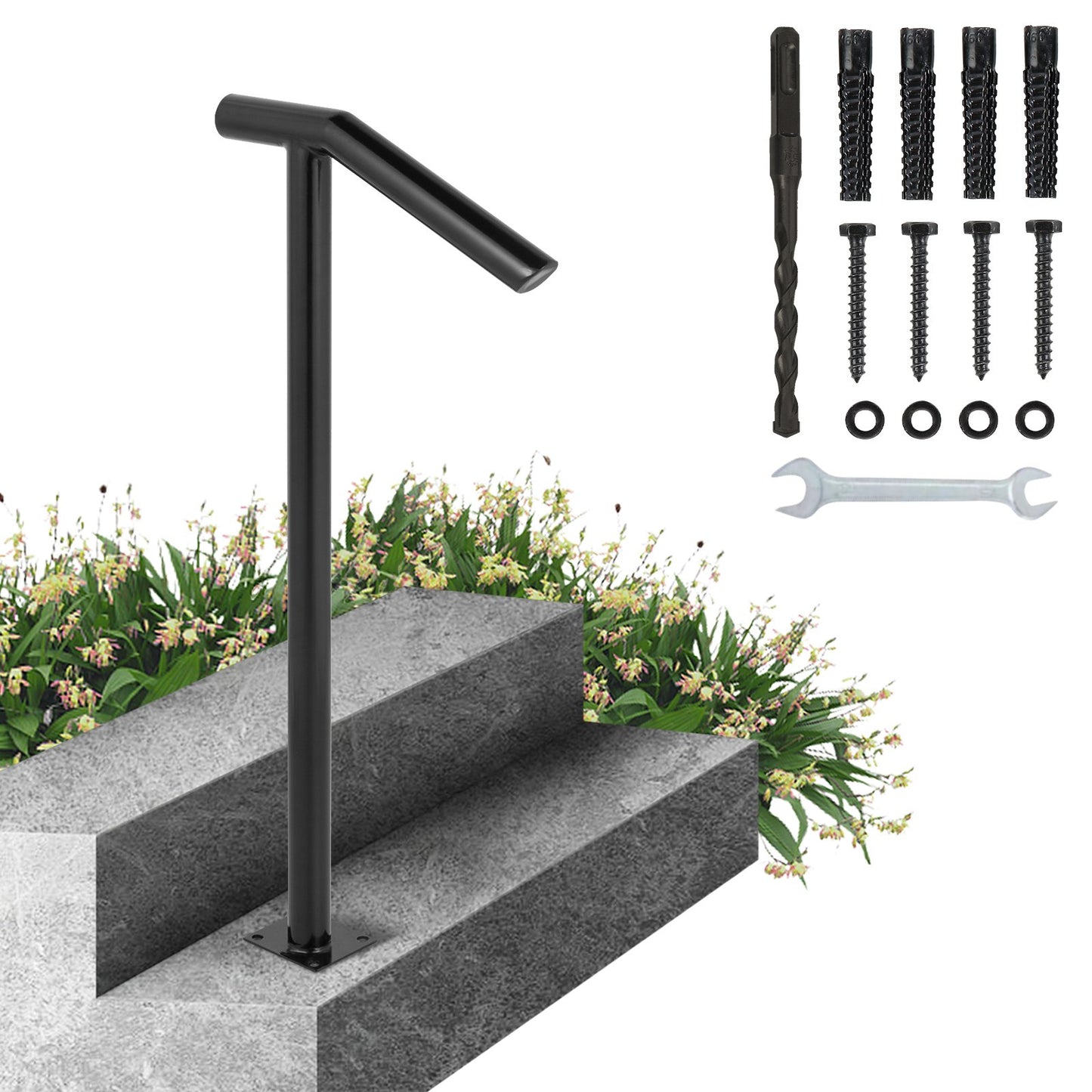 Single Post 1-2, Black Steel Railing 441LBS Capacity Baking Varnish Iron Stairs Stylish Handrails for Outdoor Steps with Expansion Bolts & Drill Bit - Image 9