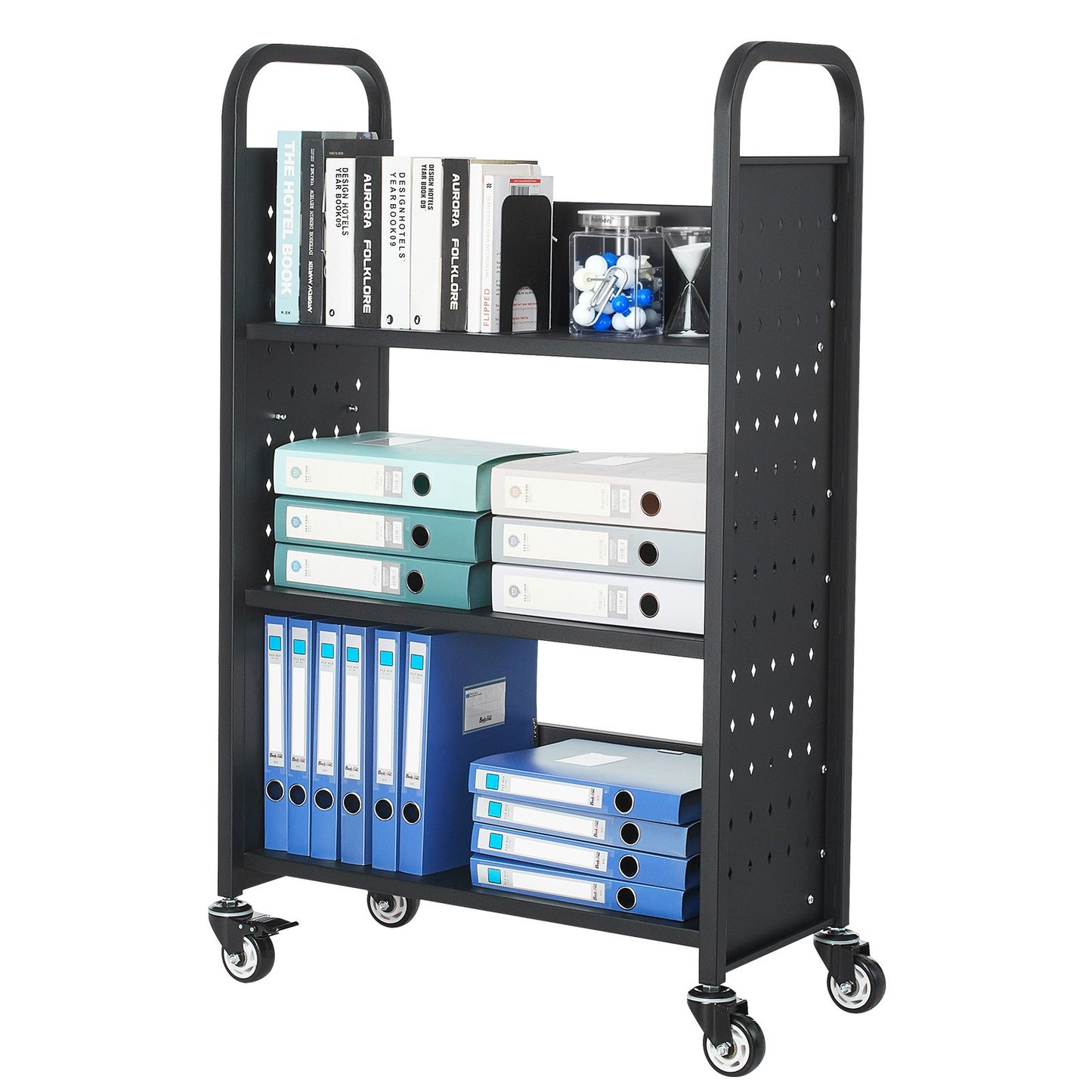 Rolling Library Book Cart, 150 kg Capacity, 77 x 38 x 122 cm Library Cart, Single Sided L-Shaped Shelves with 76.2 mm Lockable Wheels, Book Truck for Home Shelves Office and School, Black - Image 9
