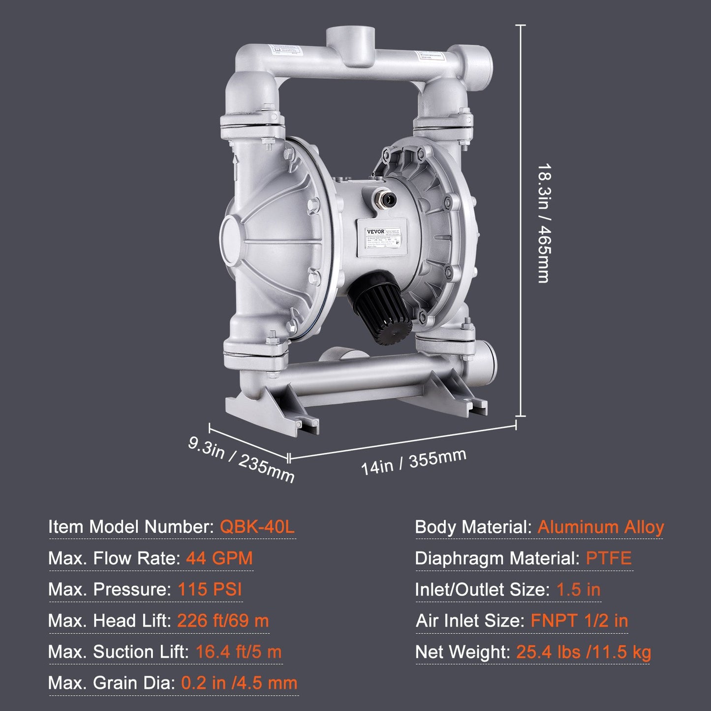 Air Operated Double Diaphragm Pump, 44GPM, Max 115PSI Air Waste Oil Pneumatic Transfer Pump with 2 Extra Diaphragms, 3.8cm Inlet & Outlet Aluminum Alloy Diaphragm Pump for Diesel Grease Oil - Image 7
