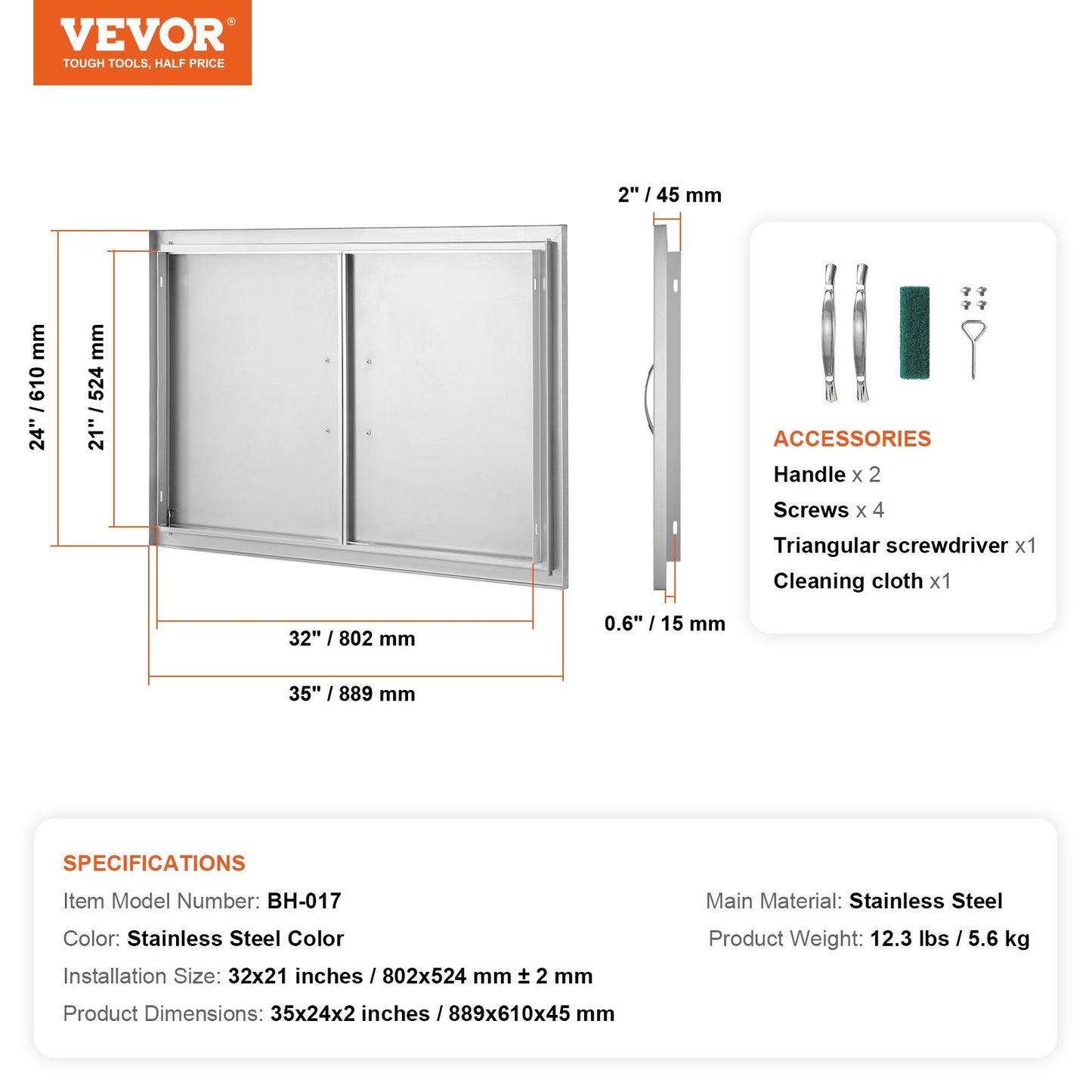 BBQ Access Door, 889x610 mm Double Outdoor Kitchen Door, Stainless Steel Flush Mount Door, Wall Vertical Door with Handles, for BBQ Island, Grilling Station, Outside Cabinet - Image 7