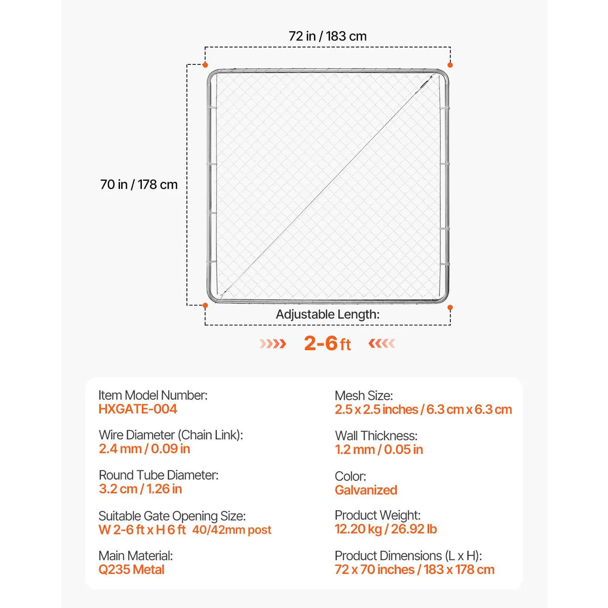 Chain Link Fence Gate, 70 x 72 in, Adjustable Chain Link Fence Panel, Fit 3 ft (W) x 4 ft (H) Garden Fence Gate Opening, Rust-Resistant Galvanized Fencing Gate for Farm Posts Not Included - Image 7