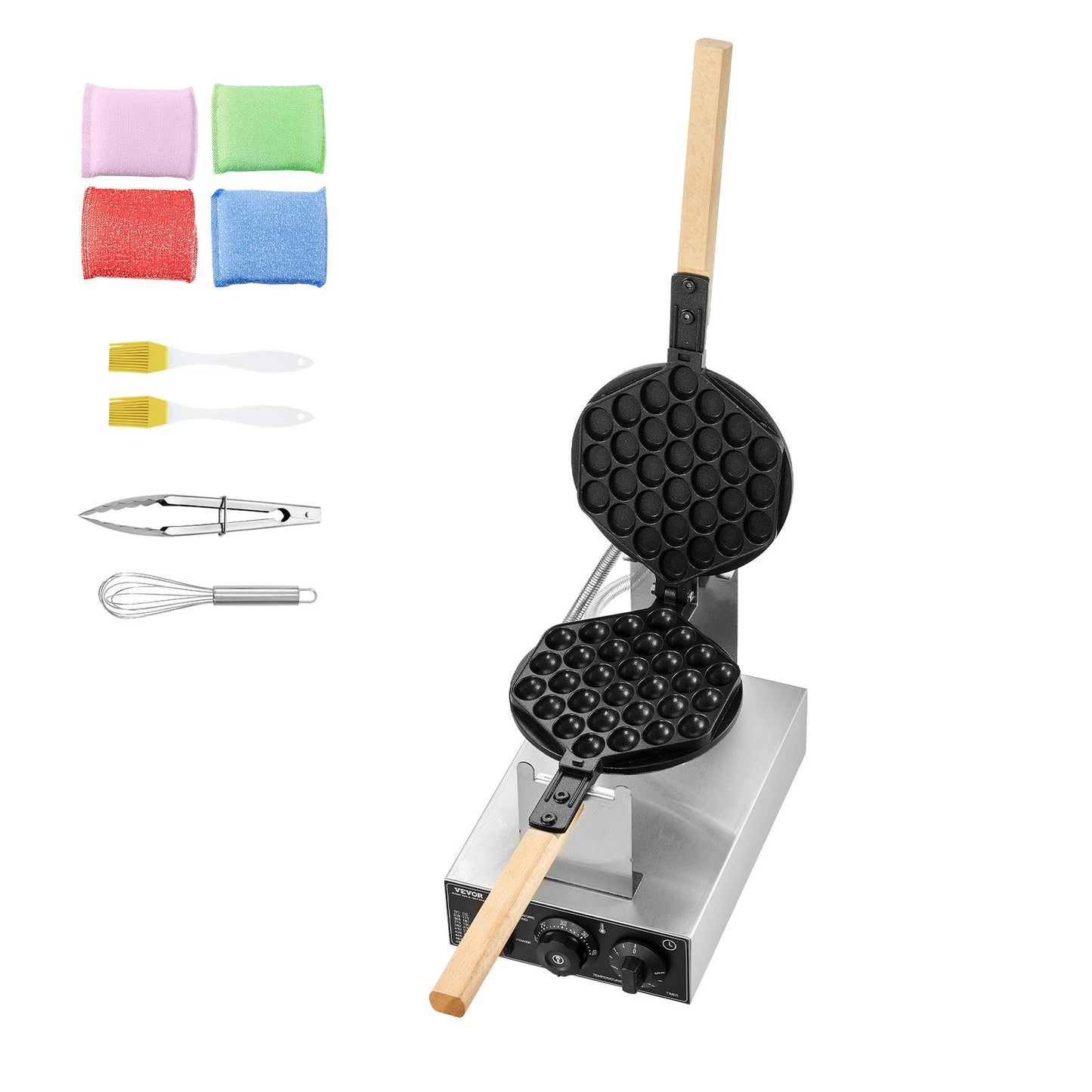 Commercial Bubble Waffle Maker, 1400W Egg Pancake Baker Machine, Non-Stick Stainless Steel Egg Bubble Puff, 180° Rotatable, Temp and Time Control, Wooden Handle, for Restaurant Bakery Snack Bar - Image 9