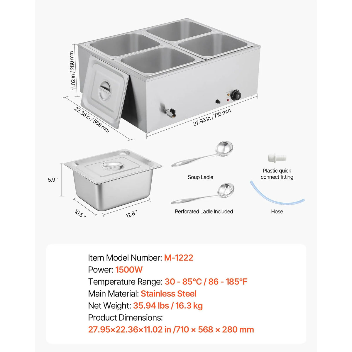 Commercial Food Warmer, 1500W Electric Stainless Steel Steam Food Warmer with Lid, 4-Pan Fast Heating Countertop Buffet Bain Marie with Soup & Perforated Ladles, for Catering, Restaurant, Party - Image 7