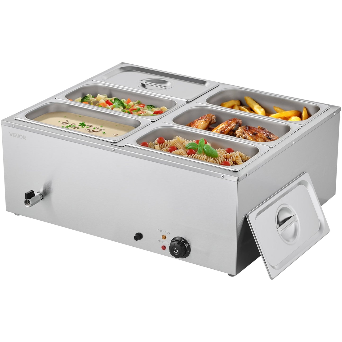 Commercial Food Warmer, 1500W Electric Stainless Steel Steam Food Warmer with Lid, 6-Pan Fast Heating Countertop Buffet Bain Marie with Soup & Perforated Ladles, for Catering, Restaurant, Party - Image 9