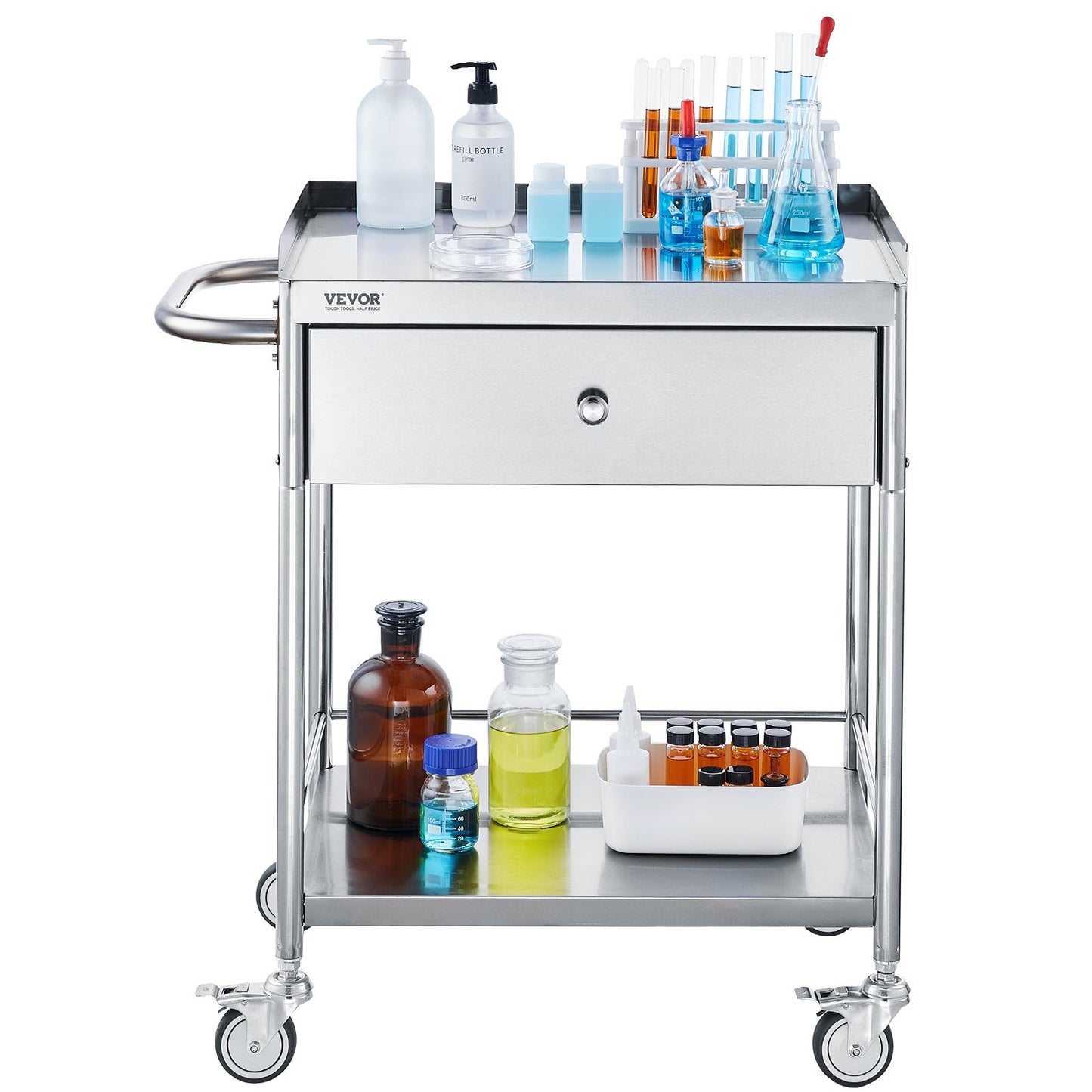 Medical Cart, 2 Layer stainless Steel Cart100 kg Weight Capacity Utility Cart Silent Wheels and a Drawer for Lab, Clinic, kitchen, Salon - Image 9