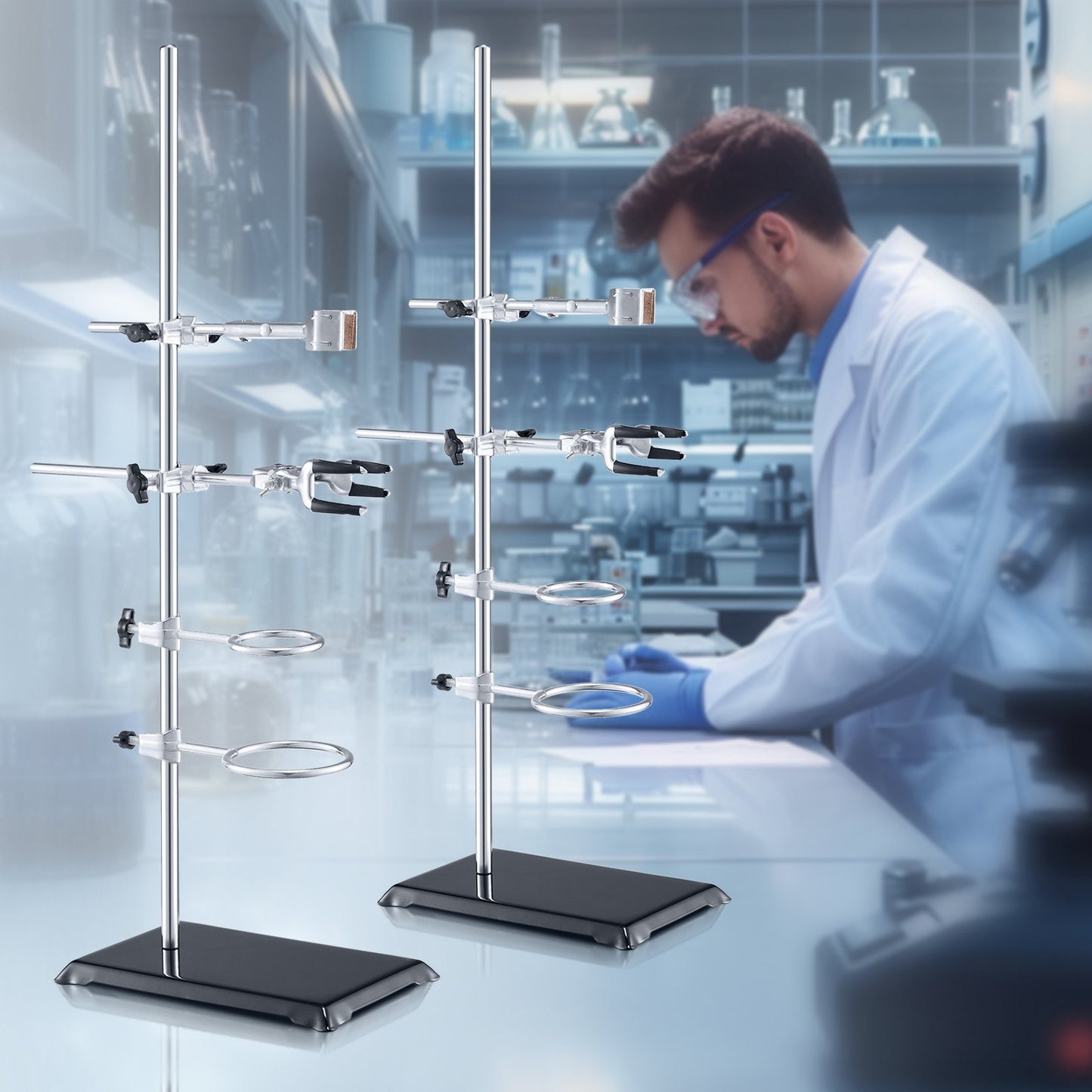 Lab Stand Support, Laboratory Retort Support Stand 2 Sets, Steel Lab Stand 23.6" Rod and 8.3" x 5.3" Cast Iron Base, Includes Flask Clamps, Burette Clamps and Cross Clamps - Image 8