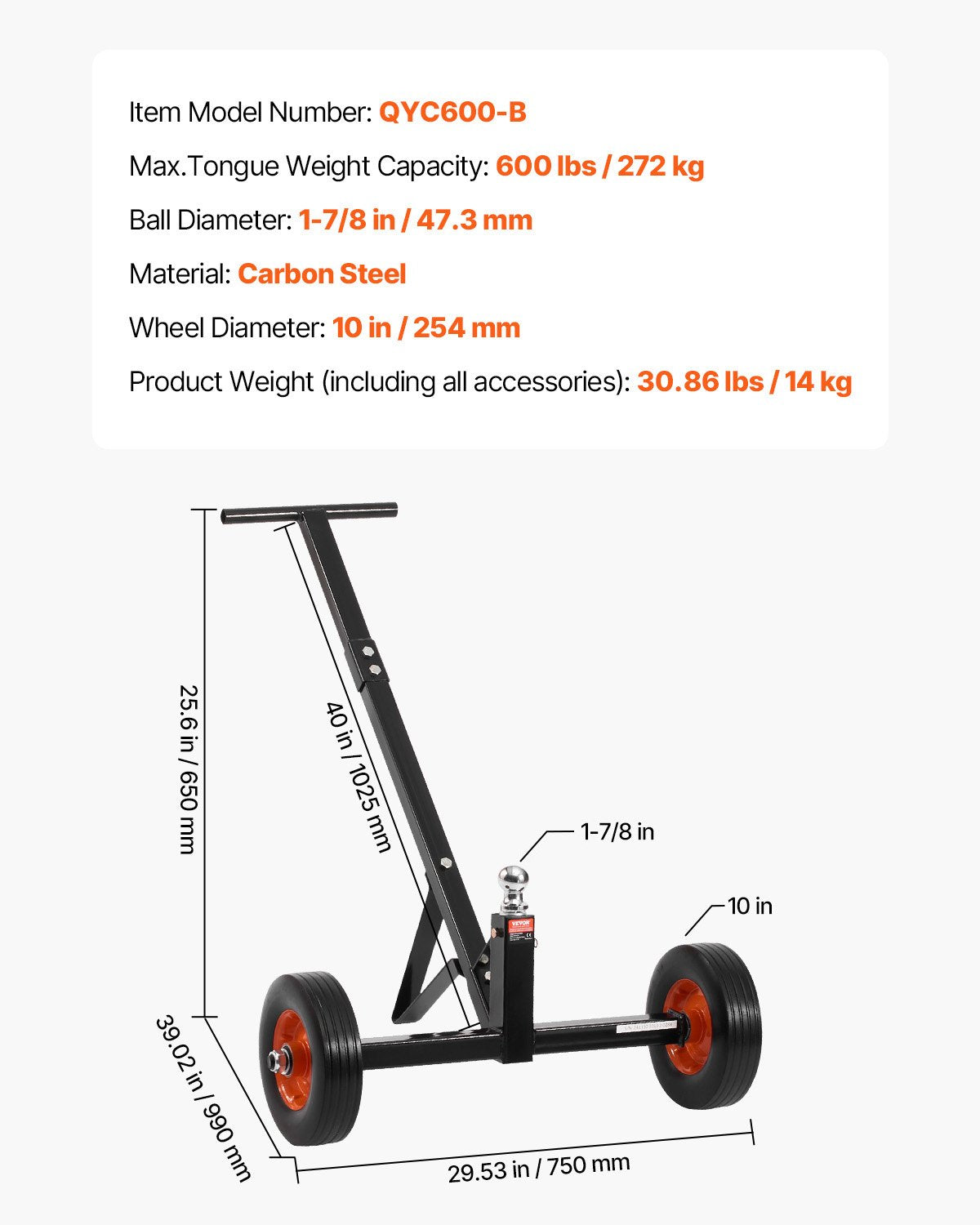 Trailer Dolly, 600lbs Tongue Weight Capacity, Carbon Steel Trailer Mover with 1-7/8 in Hitch Ball and 10 in Solid Tires, Portable Tow Dolly for Moving Car RV Boat Trailer - Image 7