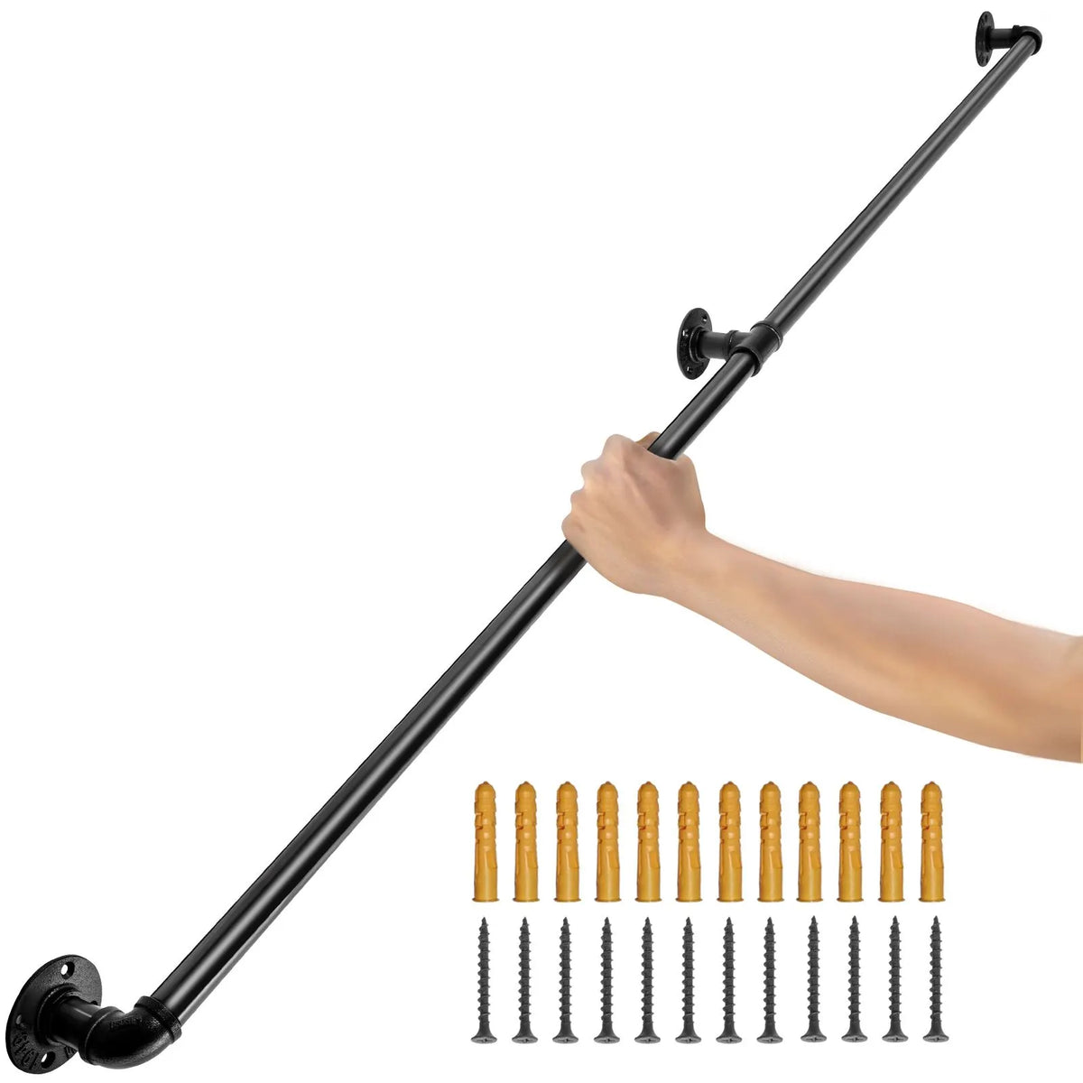 Pipe Stair Handrail, 7FT Staircase Handrail, 440LBS Load Capacity Carbon Steel Pipe Handrail, Industrial Pipe Handrail with Wall Mount Support, Round Corner Wall Handrailings for Indoor, Outdoor - Image 9