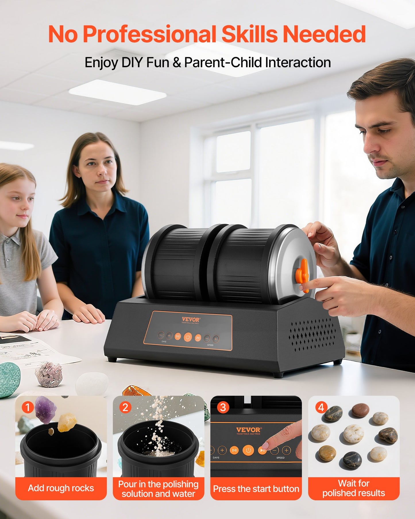 Rock Tumbler Kit, 8 lbs Rock Polishing Kit, 4 Speed Settings 9-Day Polishing Timer Stone Polishing Kit, Double Barrel Rock Polisher with Adapter, Rock Polisher for Adults and Kids - Image 6