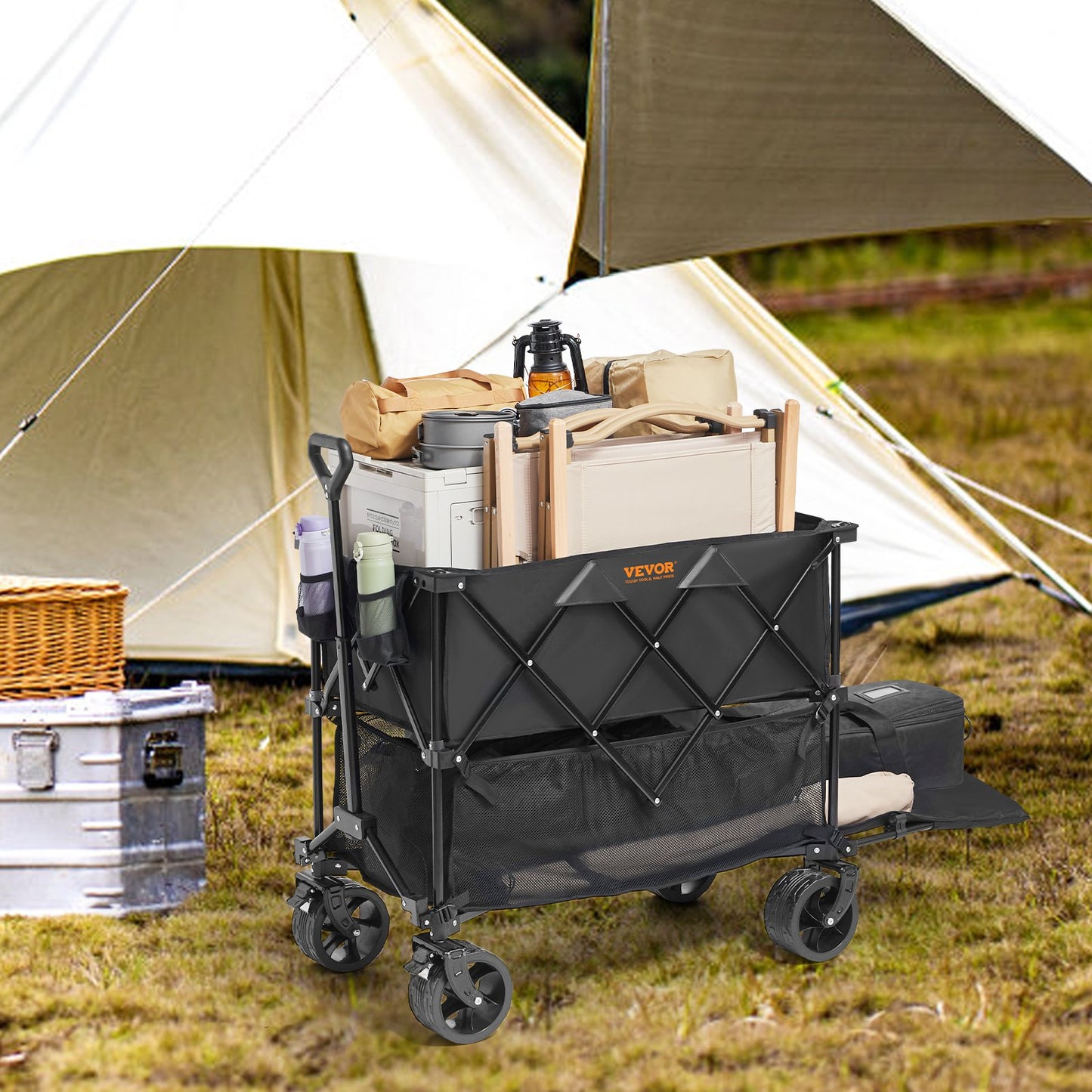 Foldable Double Decker Wagon, 400L Collapsible Wagon Cart with All-Terrain Wheels, Heavy Duty Folding Wagon Cart 350-450 lb Weight Capacity for Camping, Shopping, Garden, 52" Extra Long Extender - Image 8