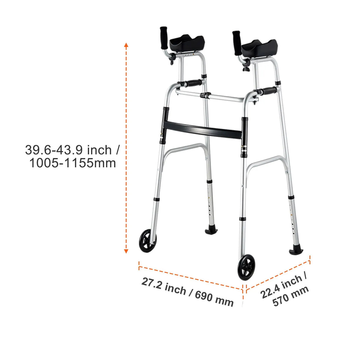 2 in 1 Folding Walker & Removable Armrests, Height Adjustable Foldable Walker with 5" Solid Wheels, Lightweight Aluminum | Front Wheeled Mobility Aid for Elderly Handicapped Disabled, 450 Pounds - Image 8