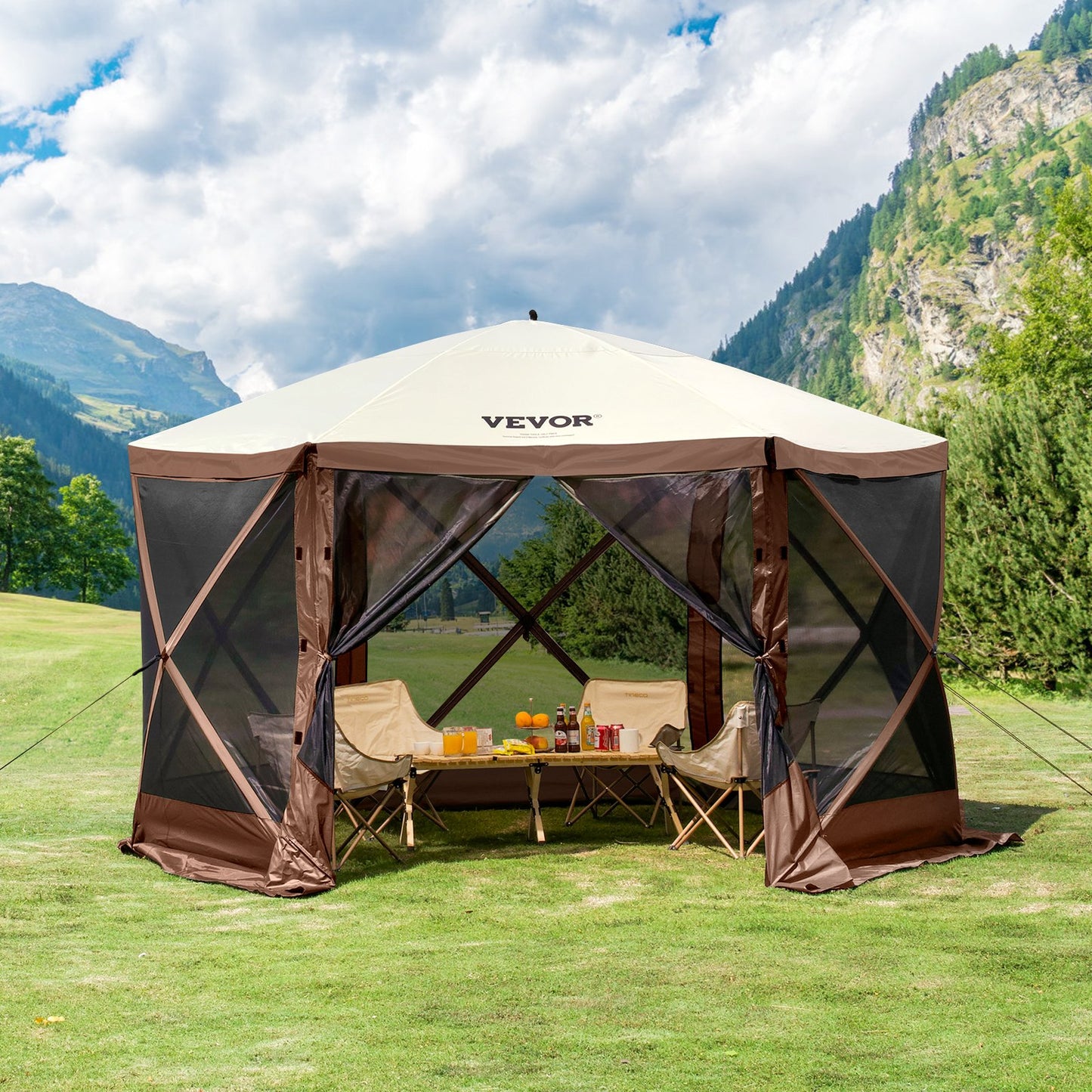 Pop Up Gazebo Tent, Pop-Up Screen Tent 6 Sided Canopy Sun Shelter with 6 Removable Privacy Wind Cloths & Mesh Windows, 11.5x11.5FT Quick Set Screen Tent with Mosquito Netting, Brown - Image 8