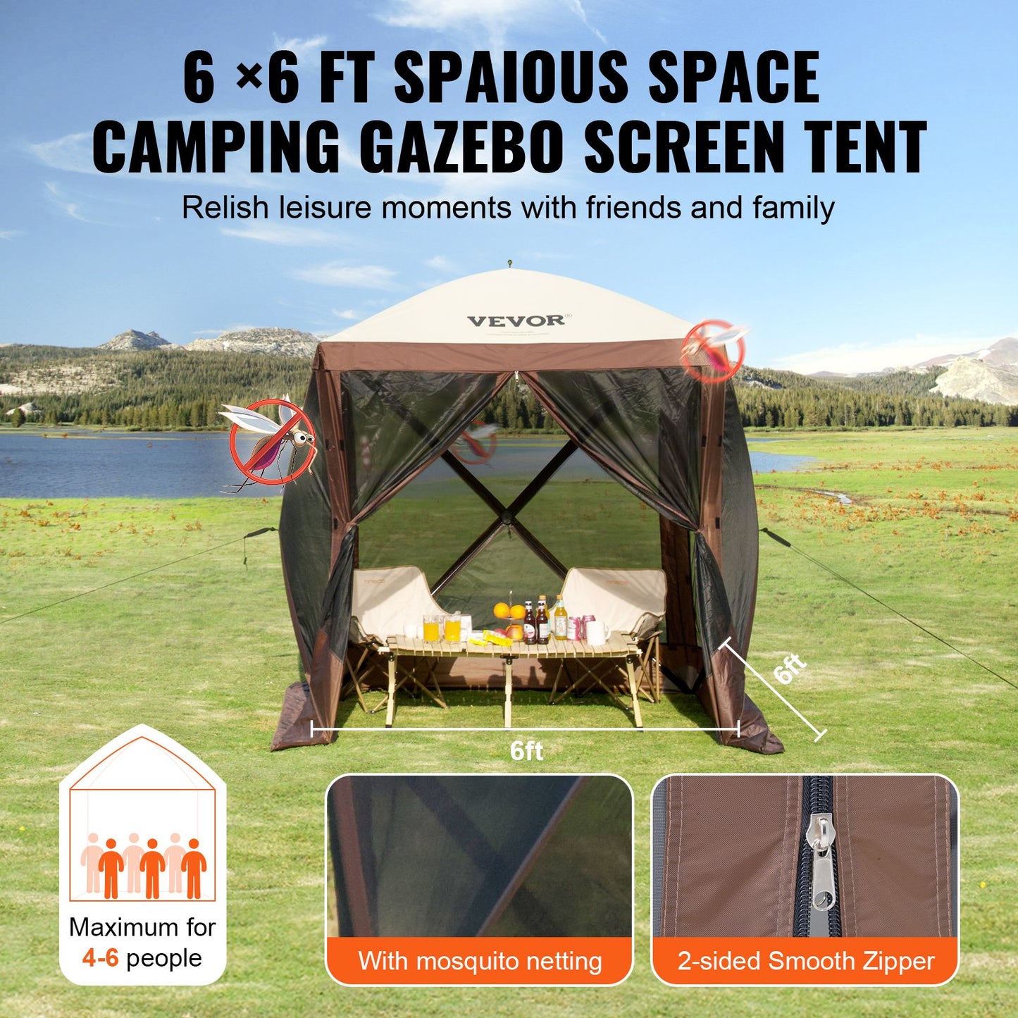 Pop Up Gazebo Tent, Pop-Up Screen Tent 4 Sided Canopy Sun Shelter with 4 Removable Privacy Wind Cloths & Mesh Windows, 6x6FT Quick Set Screen Tent with Mosquito Netting, Brown - Image 6