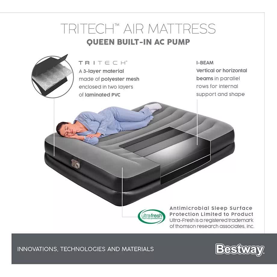 Bestway 2.03m x 1.52m x 46cm Tritech Air Mattress Queen Built-in AC pump - Image 7