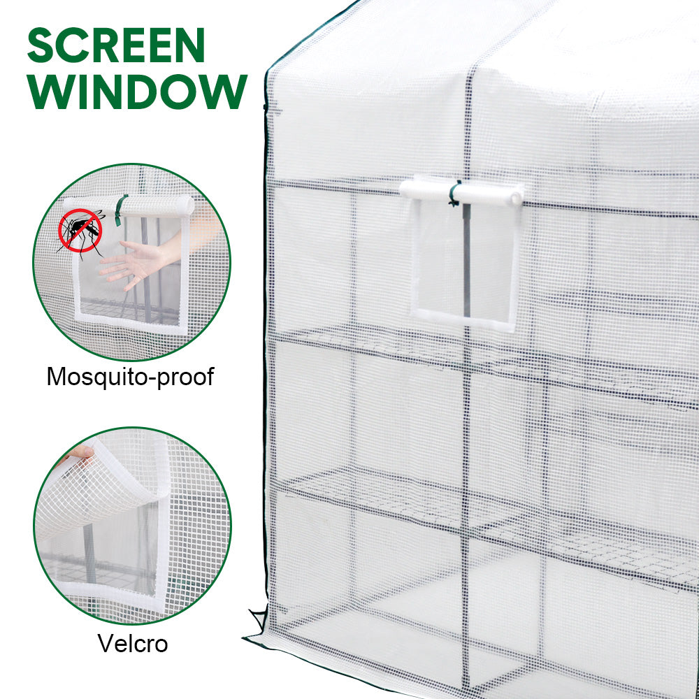 Greenhouse Walk-In Tunnel 3 Tier Planting Shelves 143x143x195cm Strong Stability with PE Cover Roll-up Zipper Door and Window for Outdoor Vegetable Plants - Image 9