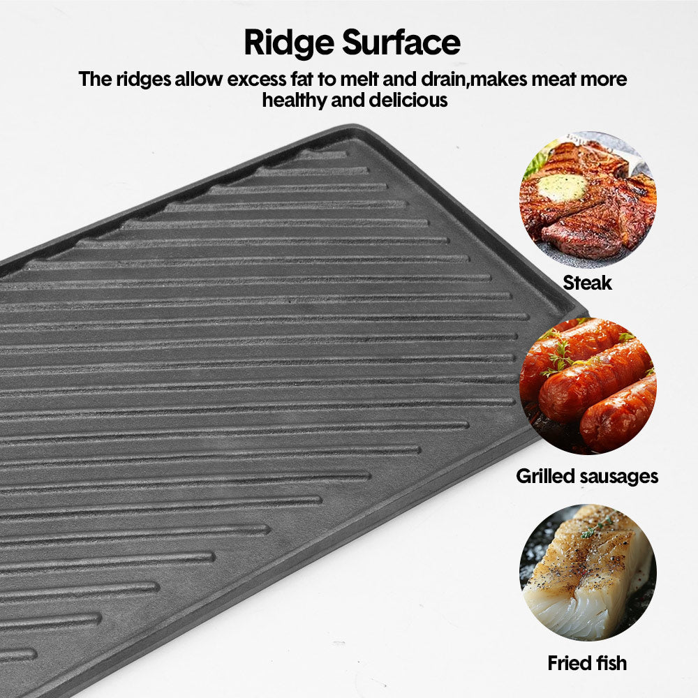 Reversible Cast Iron Griddle Rectangular BBQ Plate 43x24cm Double-Sided Flat Top Griddle Pan and Grooved Grill for Gas Stovetop Oven and Open Fire Black - Image 9