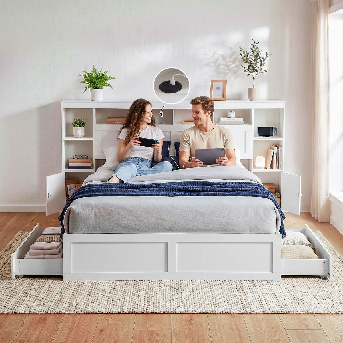 Artiss Queen Bed Frame with Storage Bookcase Headboard, USB & Type-C Ports & Drawers White - Image 8