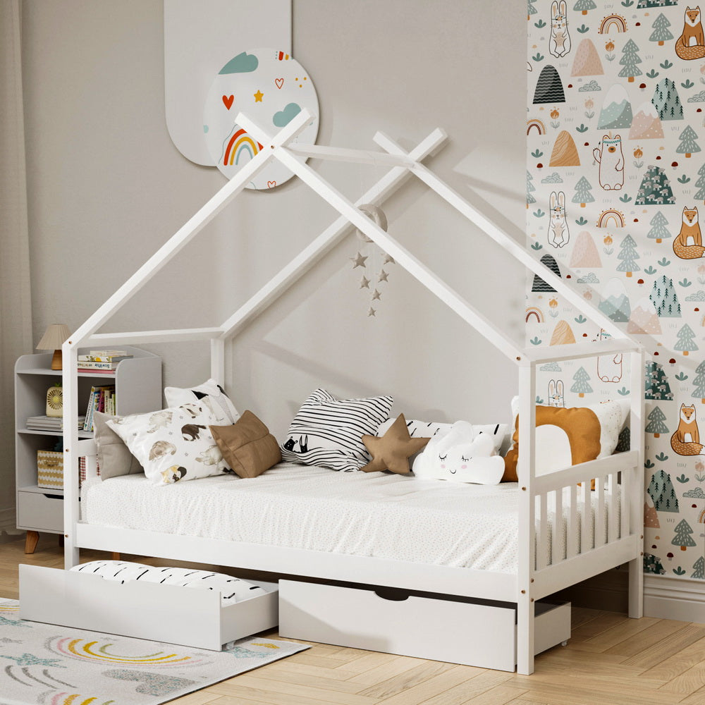 Artiss Bed Frame Wooden Base Kids Single Timber House with 2 Storage Drawers Beds White - Image 7