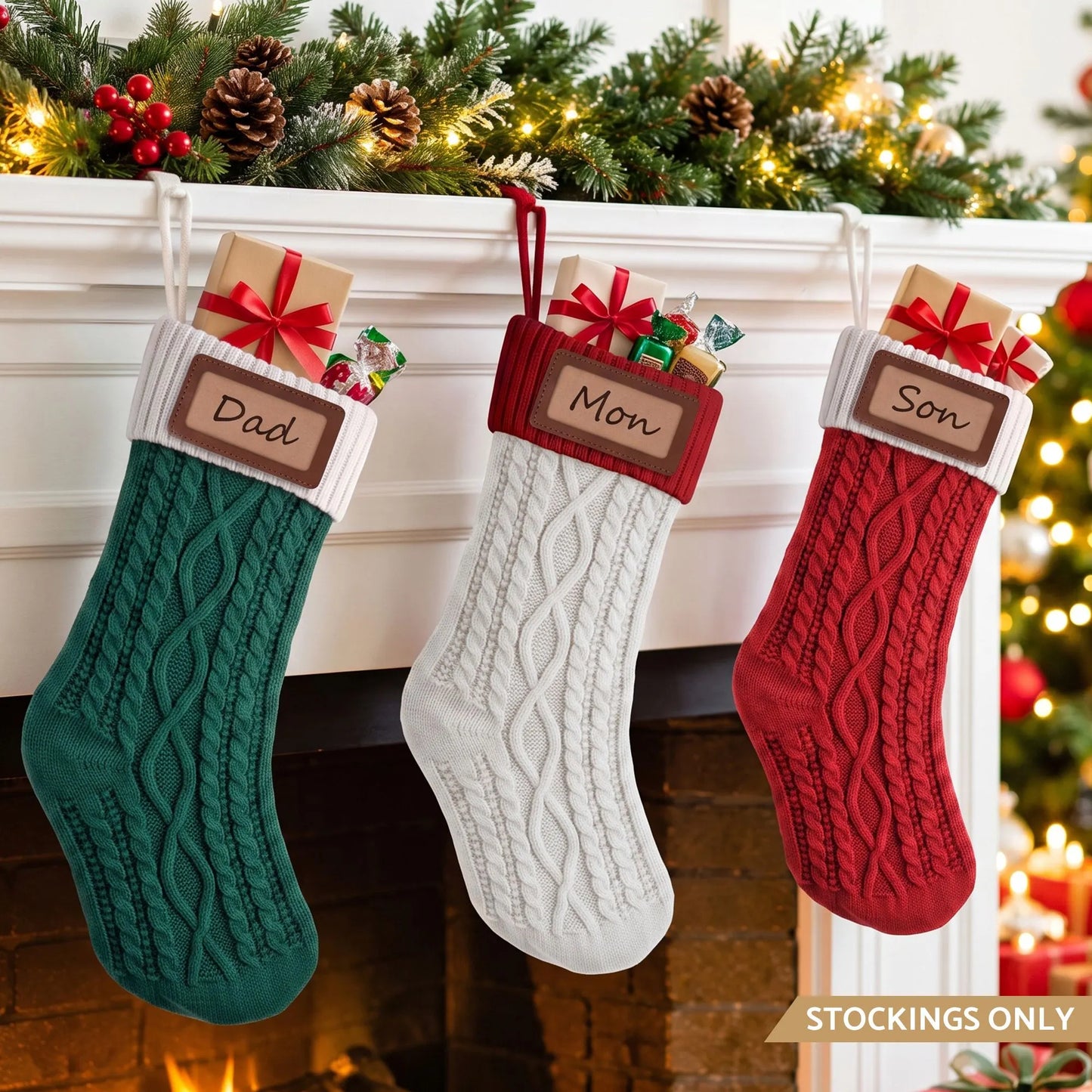 Jingle Jollys 3PCS Personalized Christmas Stockings with Leather Patches, 16 Inch Knitted Contrast Colour Xmas Hanging Decor For Fireplace Mantel, Christmas Tree, Home Decoration & Holiday Party Displays - Image 9