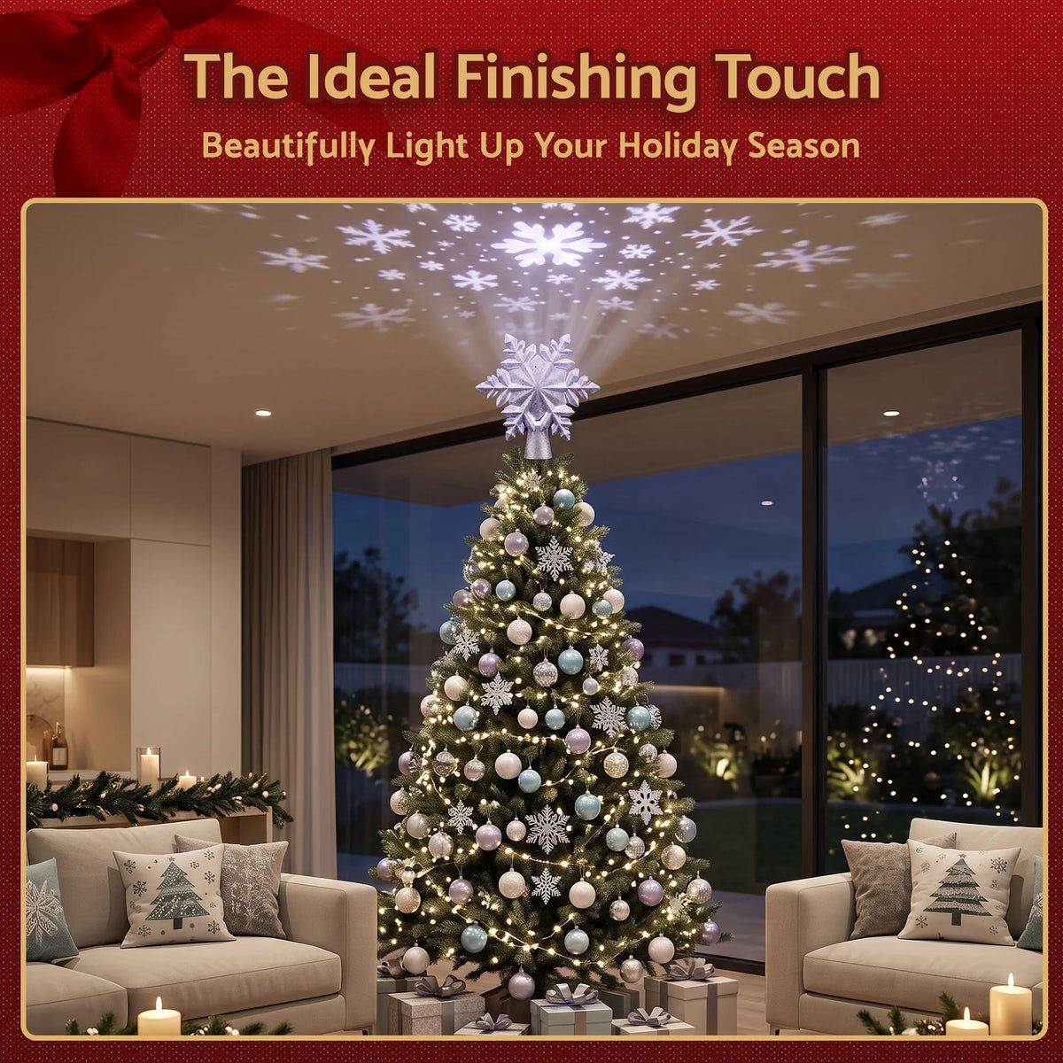 Jingle Jollys Christmas Tree Topper Lighted 360° Rotating Snowflake Projector Silver Glitter - Image 9