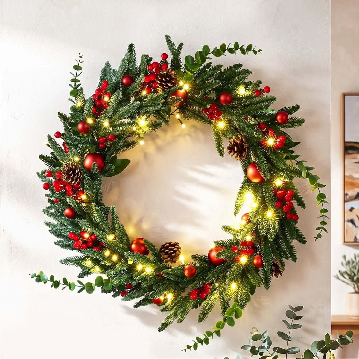Jingle Jollys 60cm Pre-Lit Christmas Wreath LED Light Front Door Xmas Decor Garland - Image 8