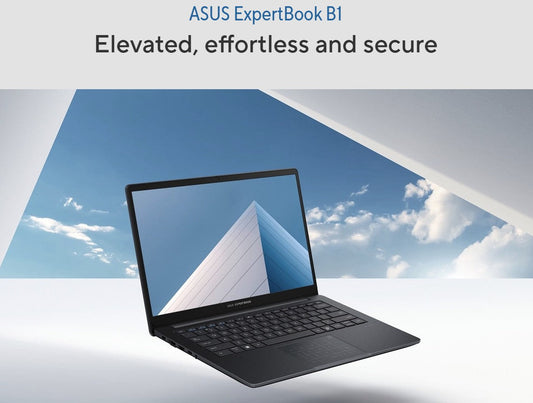 Sleek silver business laptop open on a modern wooden desk with a minimalist office setup, reflecting productivity.
