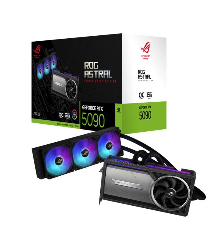 Powerful gaming graphics card with multiple cooling fans and vibrant RGB lighting, showcasing high-performance PC hardware.