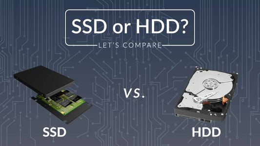 Side-by-side comparison of a compact SSD (Solid State Drive) and a traditional HDD (Hard Disk Drive) on a clean background, representing modern versus traditional computer storage.
