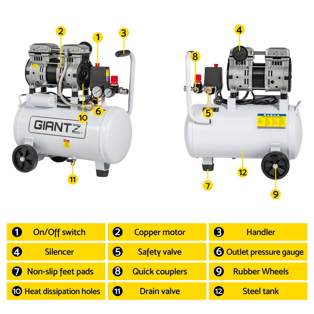 Giantz 24L Air Compressor Quiet 0.75HP Oil-Free Portable Tyre Inflator 40L/Min - Image 4